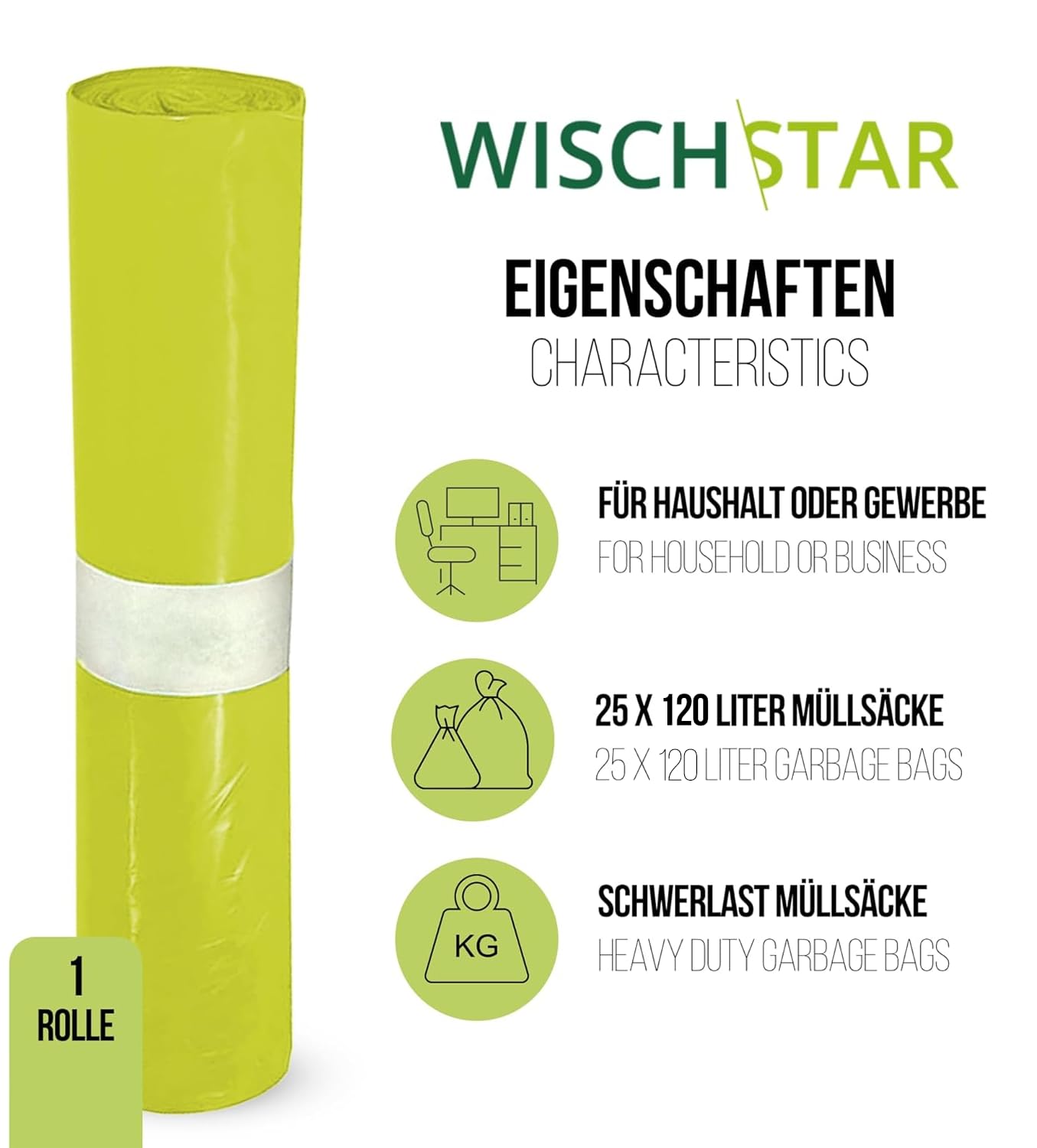 Wisch Star Müllbeutel 120L in Gelb, 10 Rollen à 25 Stück | Mülltüten groß 700x1100mm extra stark, reißfeste und stabile Abfallsäcke, Schwerlast Müllsäcke für hohes Müllaufkommen