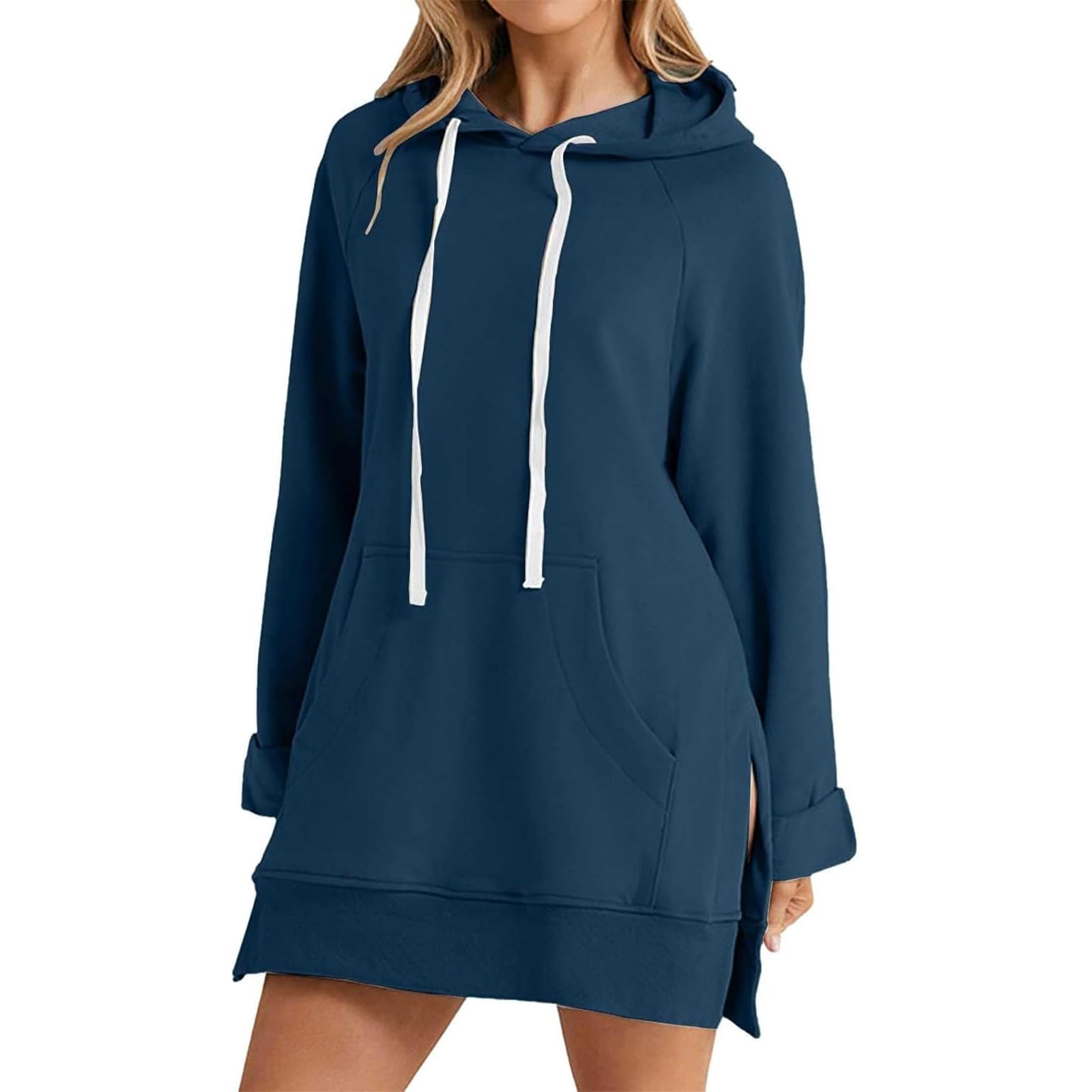 YuchiFa Oversized Hoodie Dress for Women Long Sleeve Pullover Split Hem Hooded Sweatshirt with Pocket Casual Fall Winter Outfit (Navy Blue,XL)