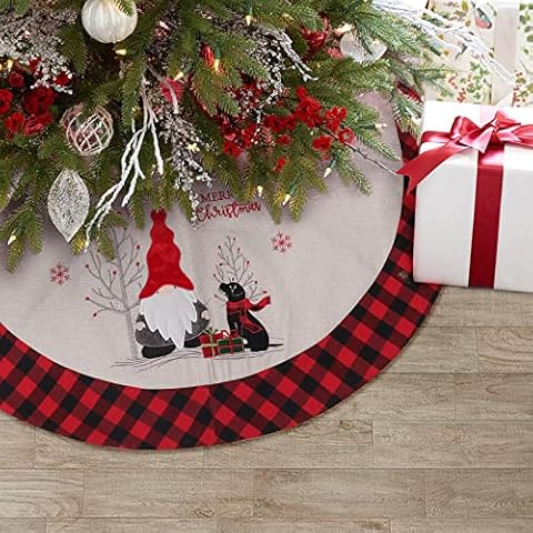 PIKRONSH Christmas Tree Skirt, 32 Inch Burlap Plaid Gnome Dog Tree Skirt with Red Black Check Border Holiday Party Tree Decoration Cover