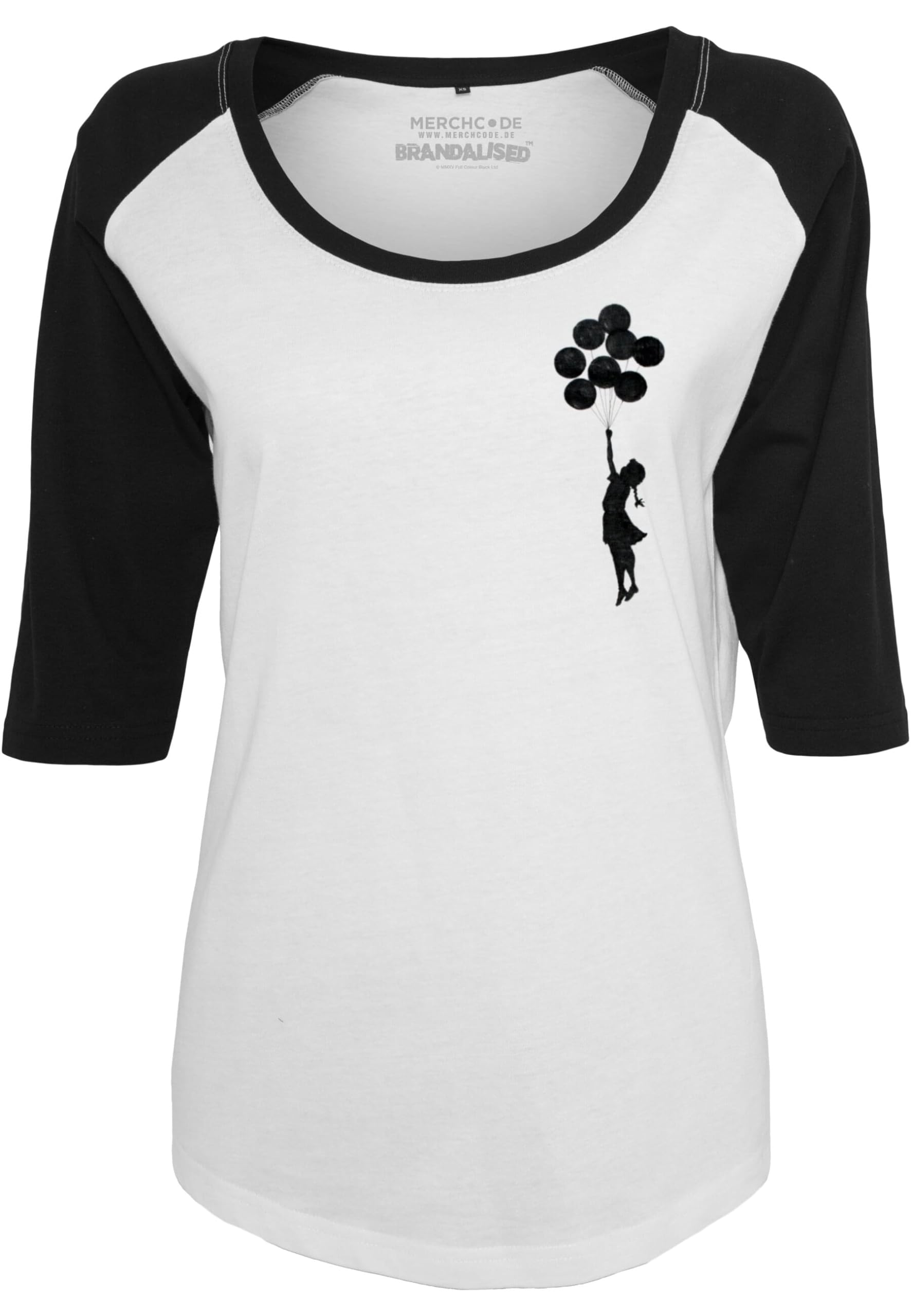 Merchcode Women's Banksy Balloons Raglan Tee T-Shirt, Wht/Blk, XS