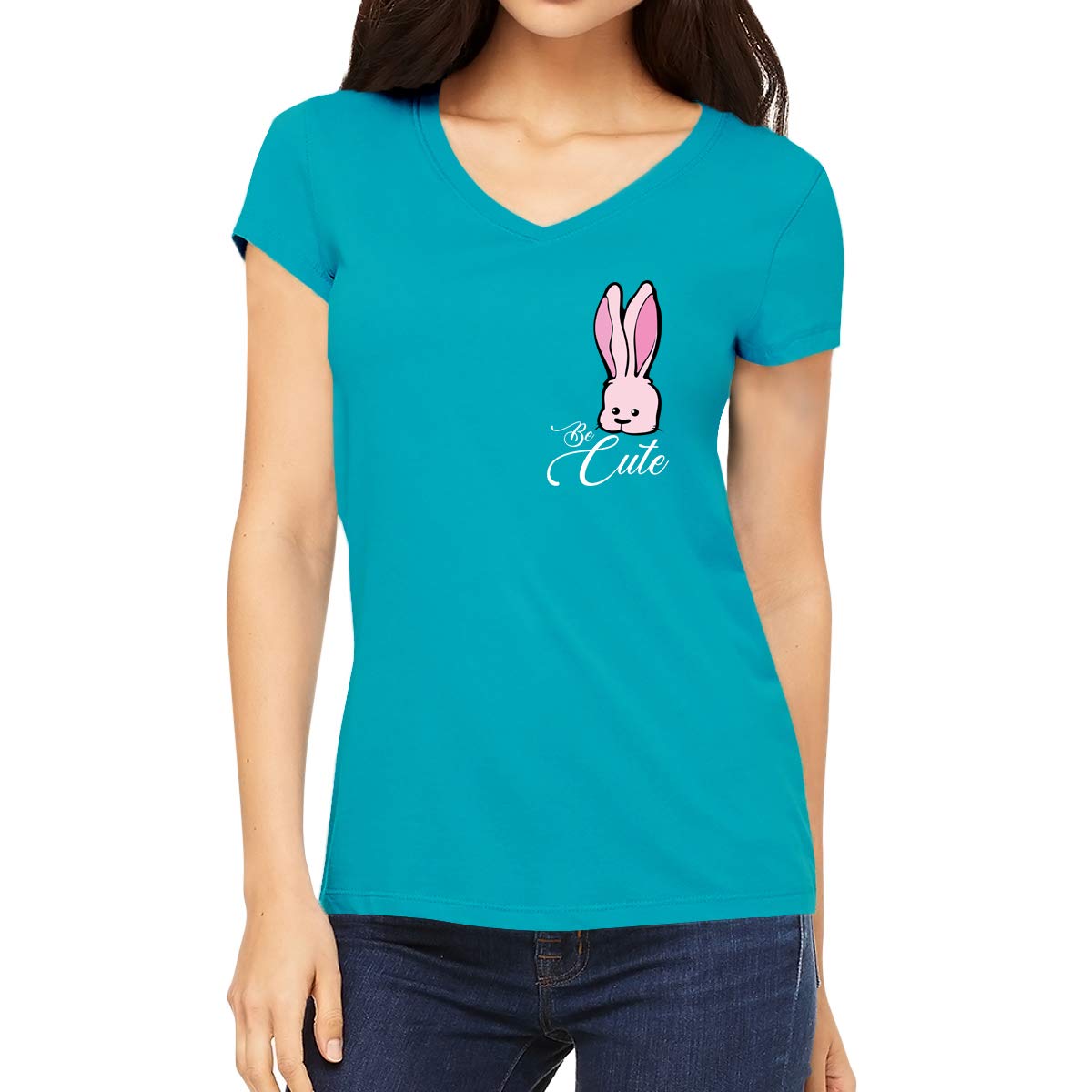 OPLUWomen's Regular Fit Tshirt Be Cute Rabbit Cotton Printed V Neck Half Sleeves Multicolour T Shirt. Trending, Animal, Cute Pootlu Animal Tshirts