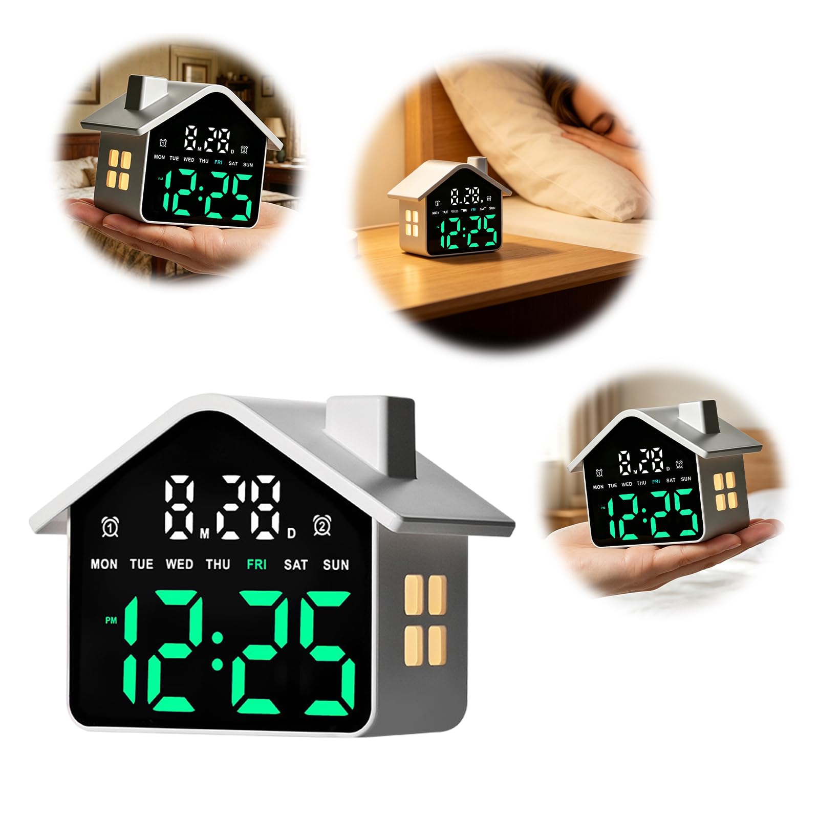 Reloj despertador digital LED con forma de casa con ajuste de brillo y fecha, para decoración de escritorio en casa, oficina