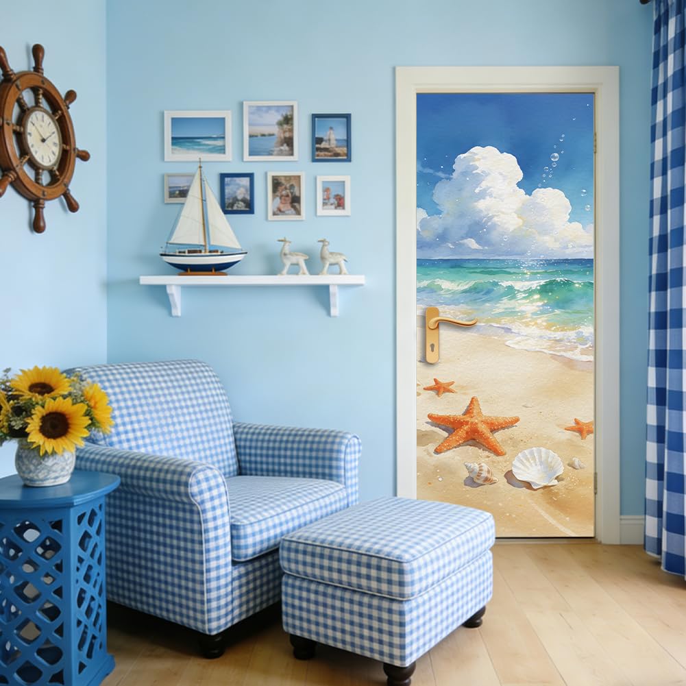 Strand Tür Aufkleber Muscheln Vinyl Dekor Tür Wand Sticker 2 Stück Niedlich Wasserdicht Selbstklebend Wand Abdeckung Poster Für Schlafzimmer Wohnzimmer Schrank Dekoration 200x40cm