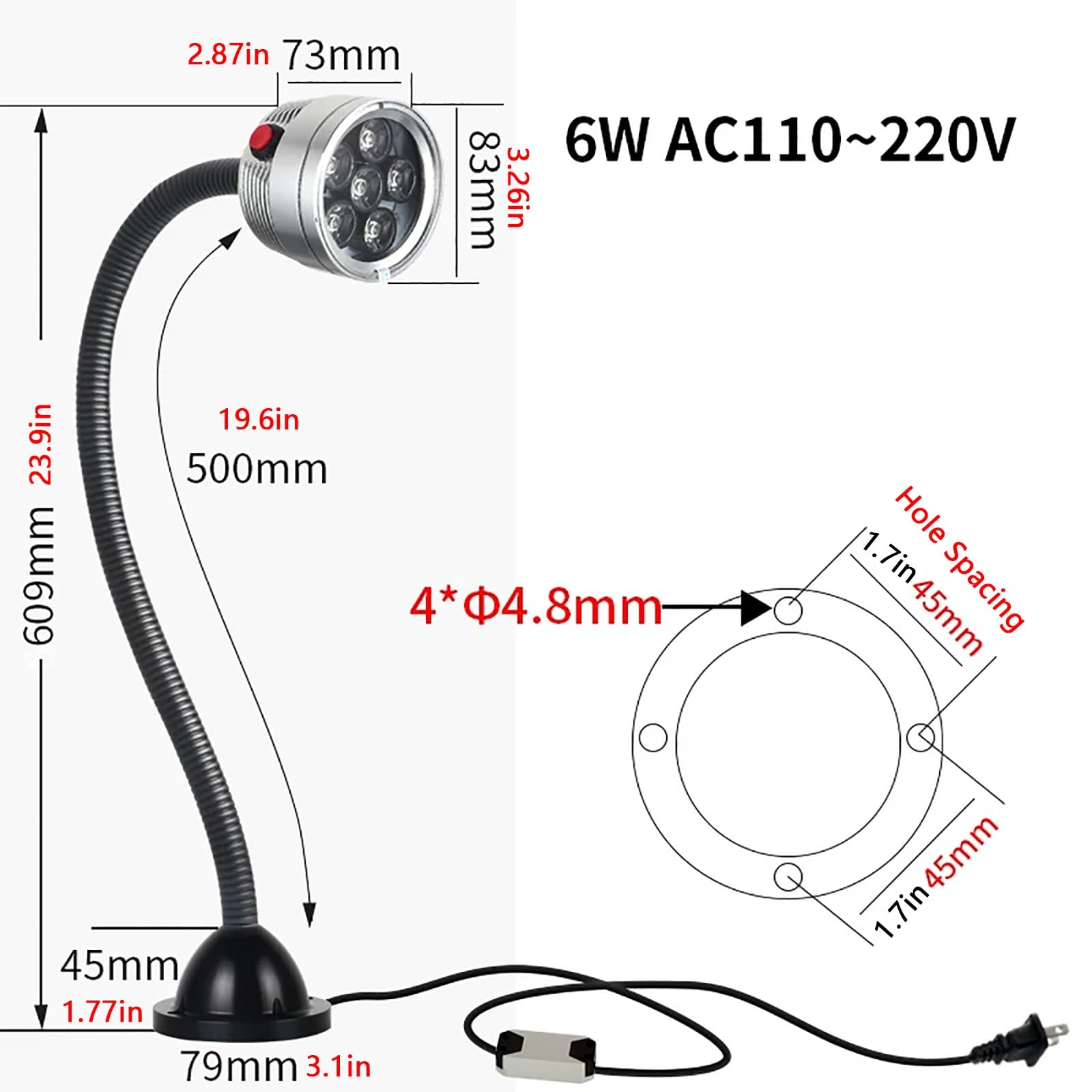 Lampada da Lavoro Impermeabile IP68, Lampada Industriale Flessibile a Collo D'oca per Banco da Lavoro, Base di Montaggio in Lega di Alluminio(6W 110~220V)
