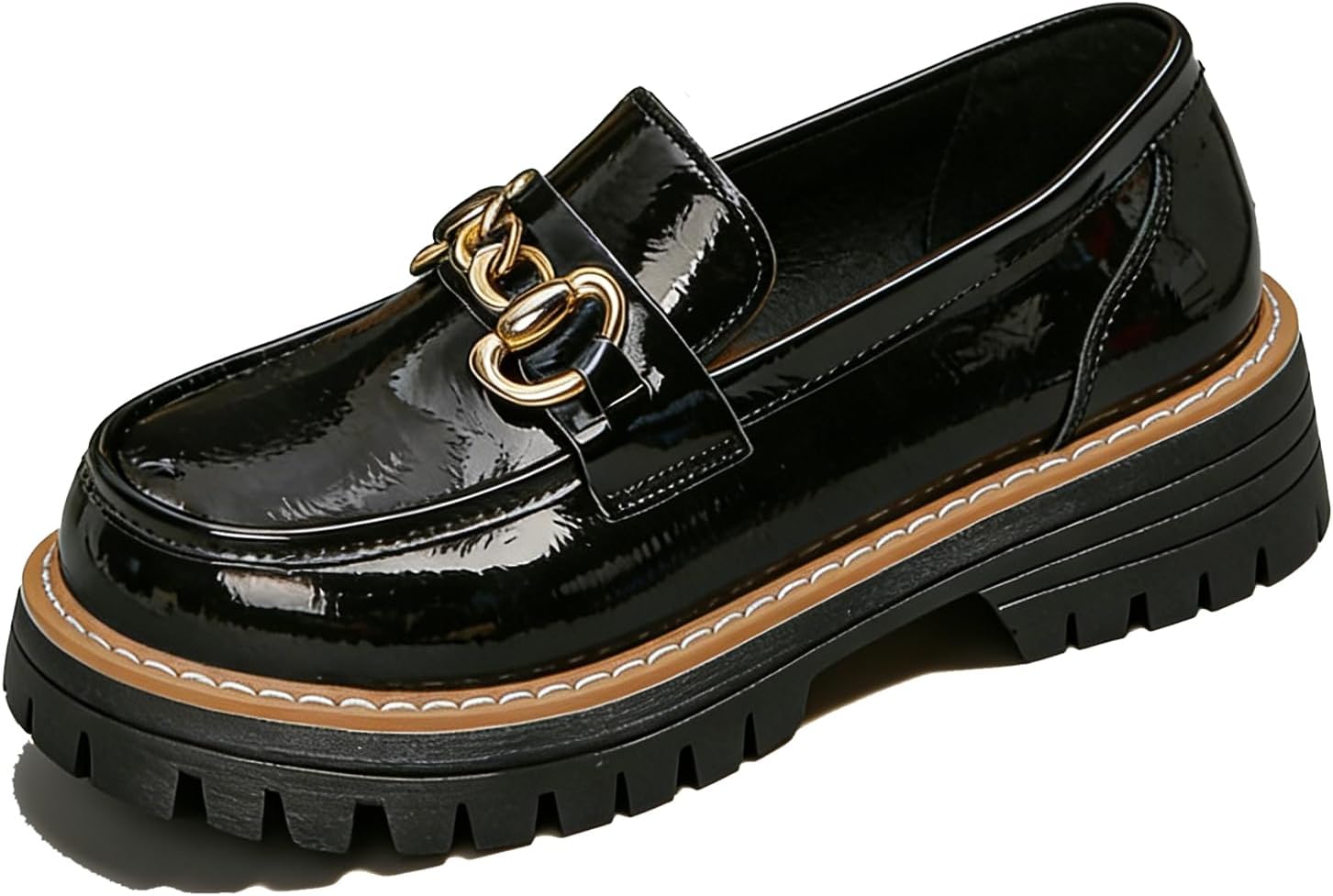 Chunky Heel Penny Loafers for Women Glossy Patent Leather Retro Comfortable Round Toe Anti-Slip Lug Sole Platform Slip On Loafers Casual Work Business Dress Shoes
