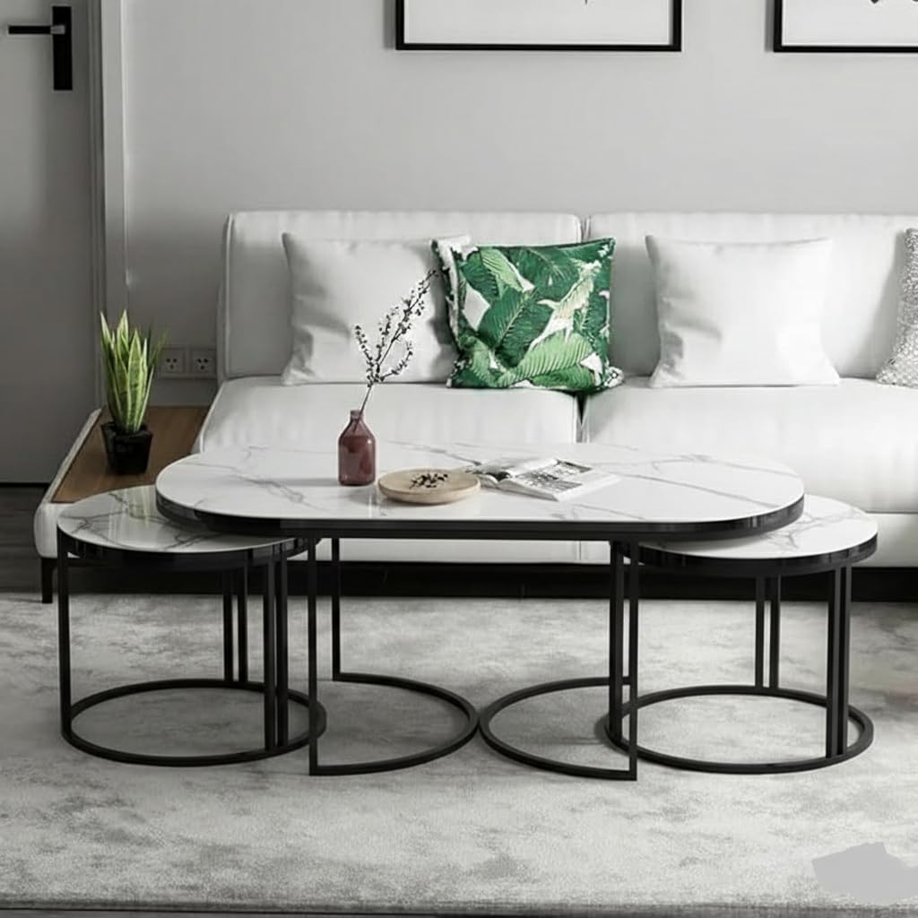 Luxury Nesting Coffee Table Set of 3 for Living Room, Modern Marble Finish Center Table with Strong Metal Frame, Space Saving Oval & Round Nesting Tables for Home, Office & Lounge (3, White Black)-image-12