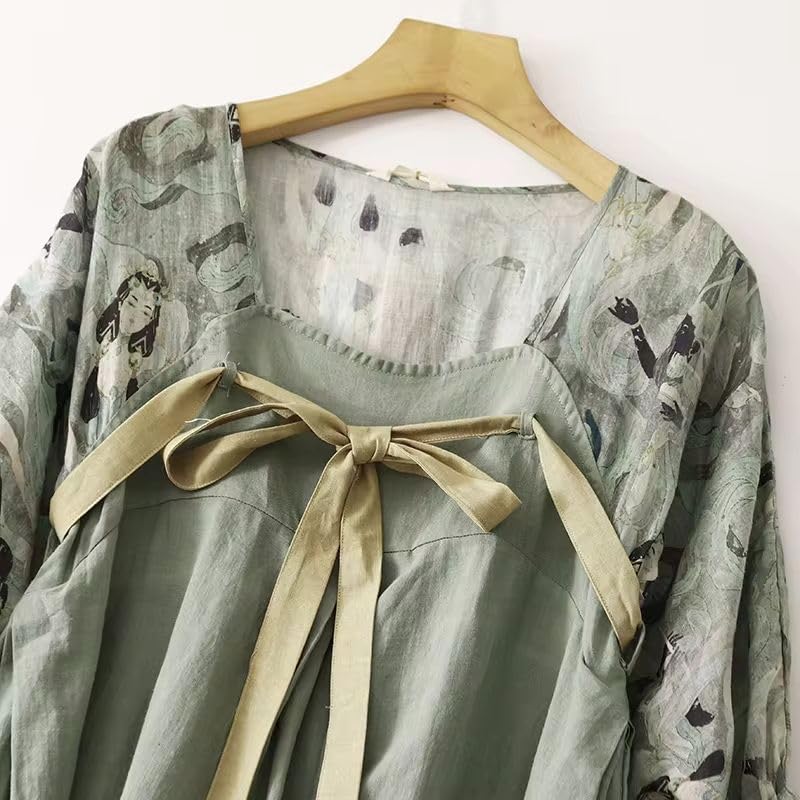 Robe style chinois patchwork en coton lin ample pour masquer les rondeurs
