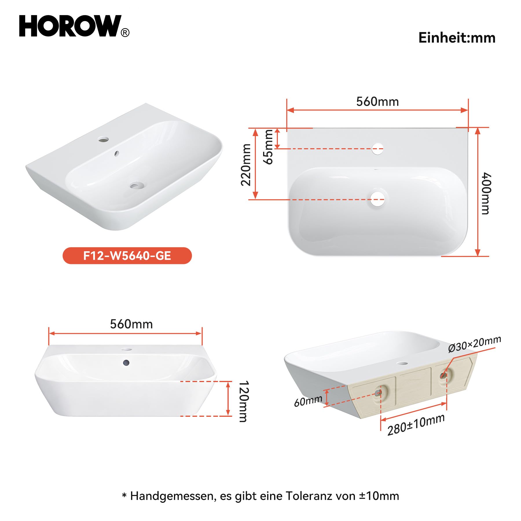HOROW Waschbecken Bad Weiß für Kleines Bad & Gäste-WC Aufhängung 28 cm | Hängewaschbecken 56×40 cm Aufsatzwaschbecken Keramik mit Überlauf und Hahnloch 28 cm Lochabstand ohne zusätzliches Bohren
