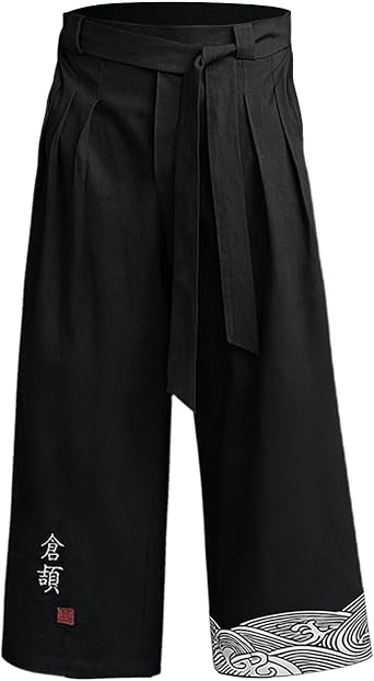 Men's Japanese Embroidered Linen Pants Loose Fit Hakama Trousers with Tie and Pockets Baggy Wide Leg Traditional Kimono Bottoms Lightweight Summer Casual Trousers