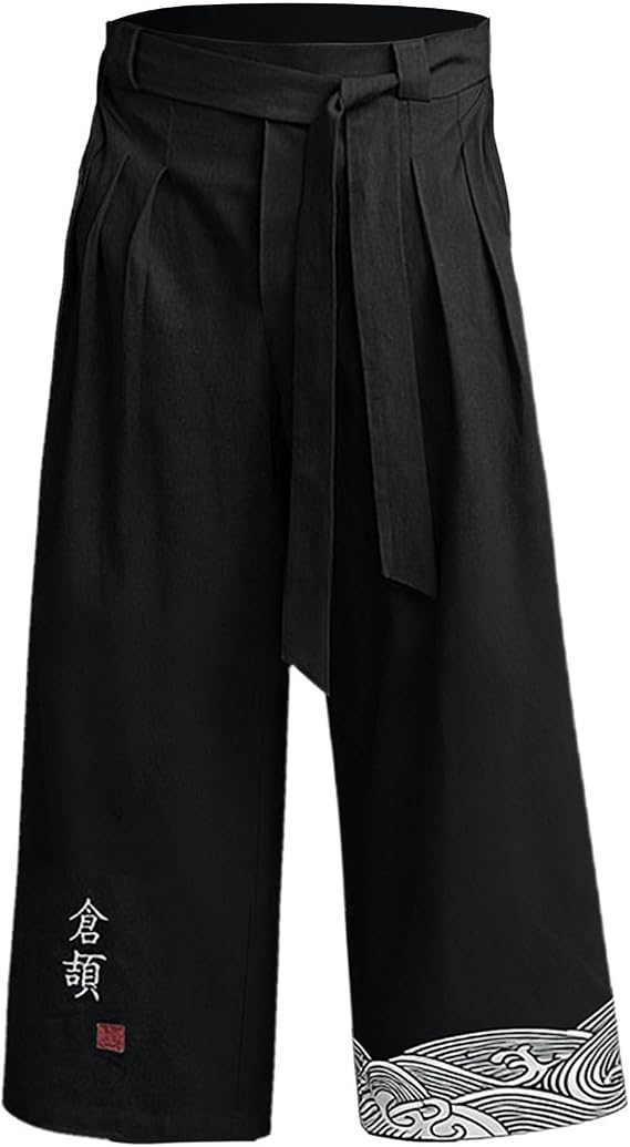 Men's Japanese Embroidered Linen Pants Loose Fit Hakama Trousers with Tie and Pockets Baggy Wide Leg Traditional Kimono Bottoms Lightweight Summer Casual Trousers