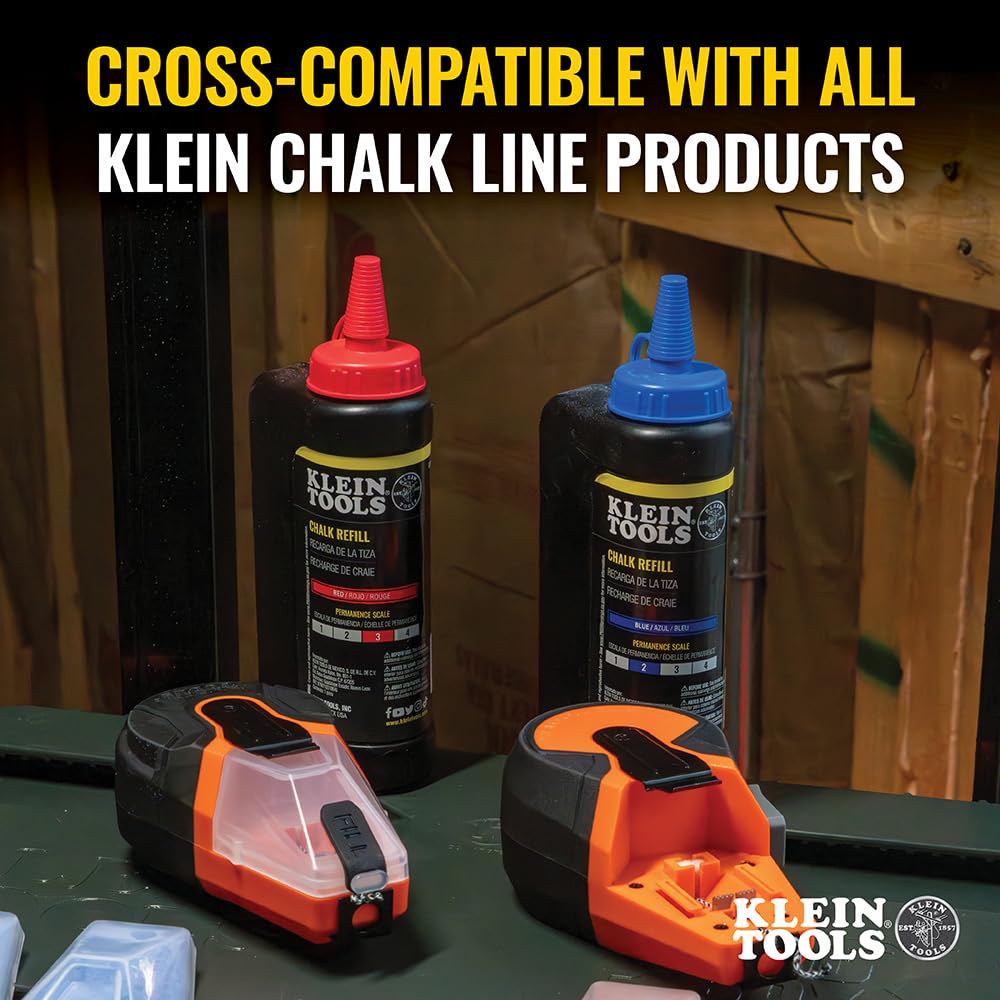 Klein Tools CHLK50R - Strumento per linea di gesso, bobina di gesso auto-retrattile, ricarica senza disordine, include 34 g di gesso rosso brillante