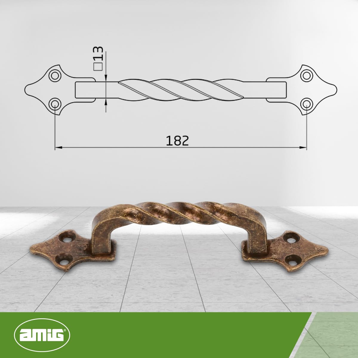 Amig - Maniglie per Mobili - Modello 1002 - Acciaio - Ferramenta Rustica - 182 mm - Senza Piastra - Viti incluse - Finitura: Cuoio