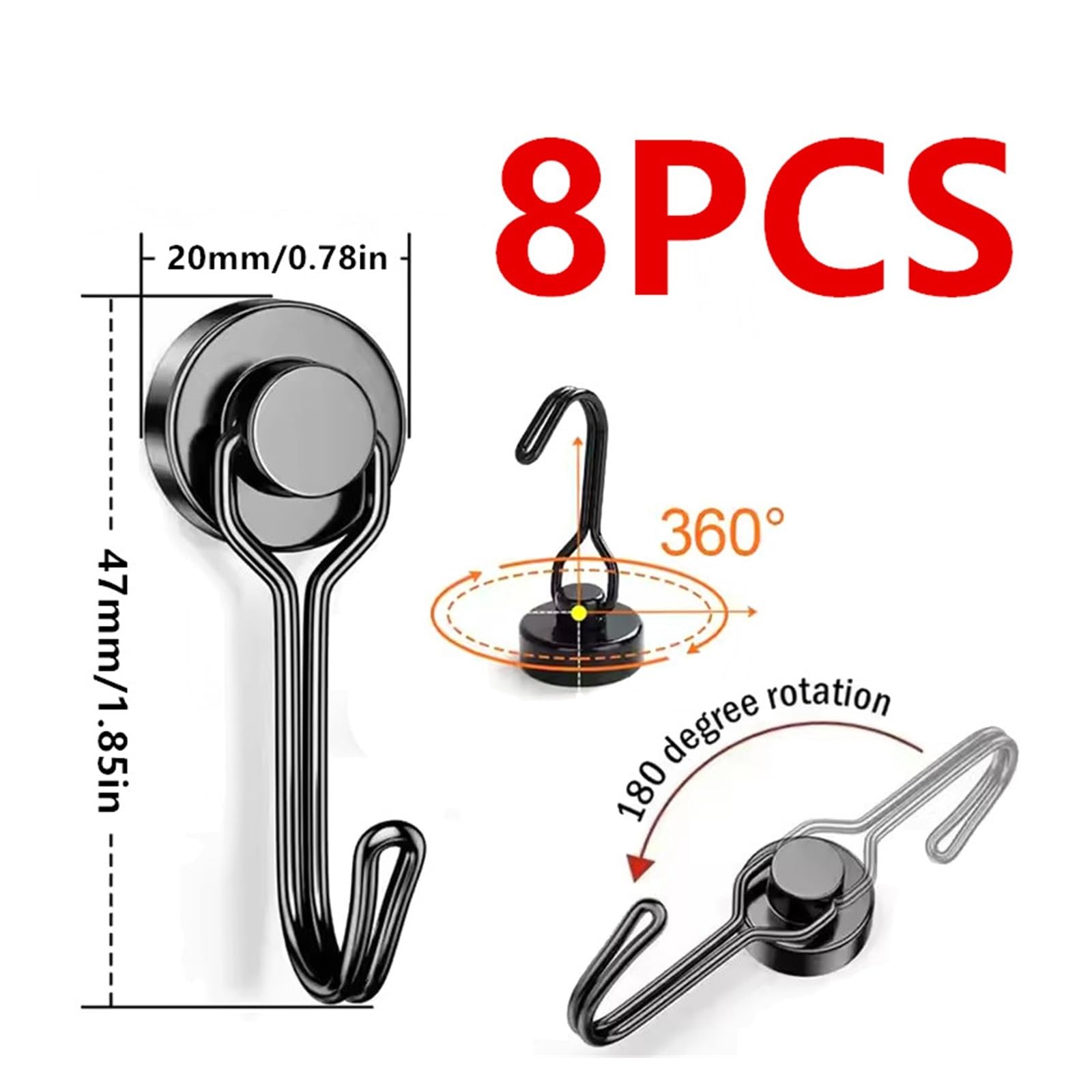 Genérico Gancho magnético negro de varios tamaños, ganchos giratorios magnéticos resistentes for soporte, herramientas almacenamiento cocina y nevera(360-20mm-8PCS)