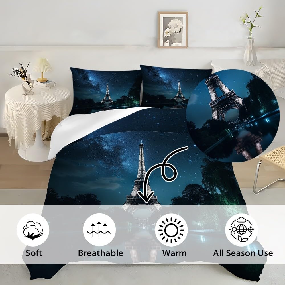 3-częściowy zestaw pościeli łóżko 150 cm, romantyczne gwiaździste niebo wieża Eiffla miękka mikrofibra podwójny zestaw pościeli, krajobraz poszwa na kołdrę dla dorosłych i dzieci 240 x 220 cm
