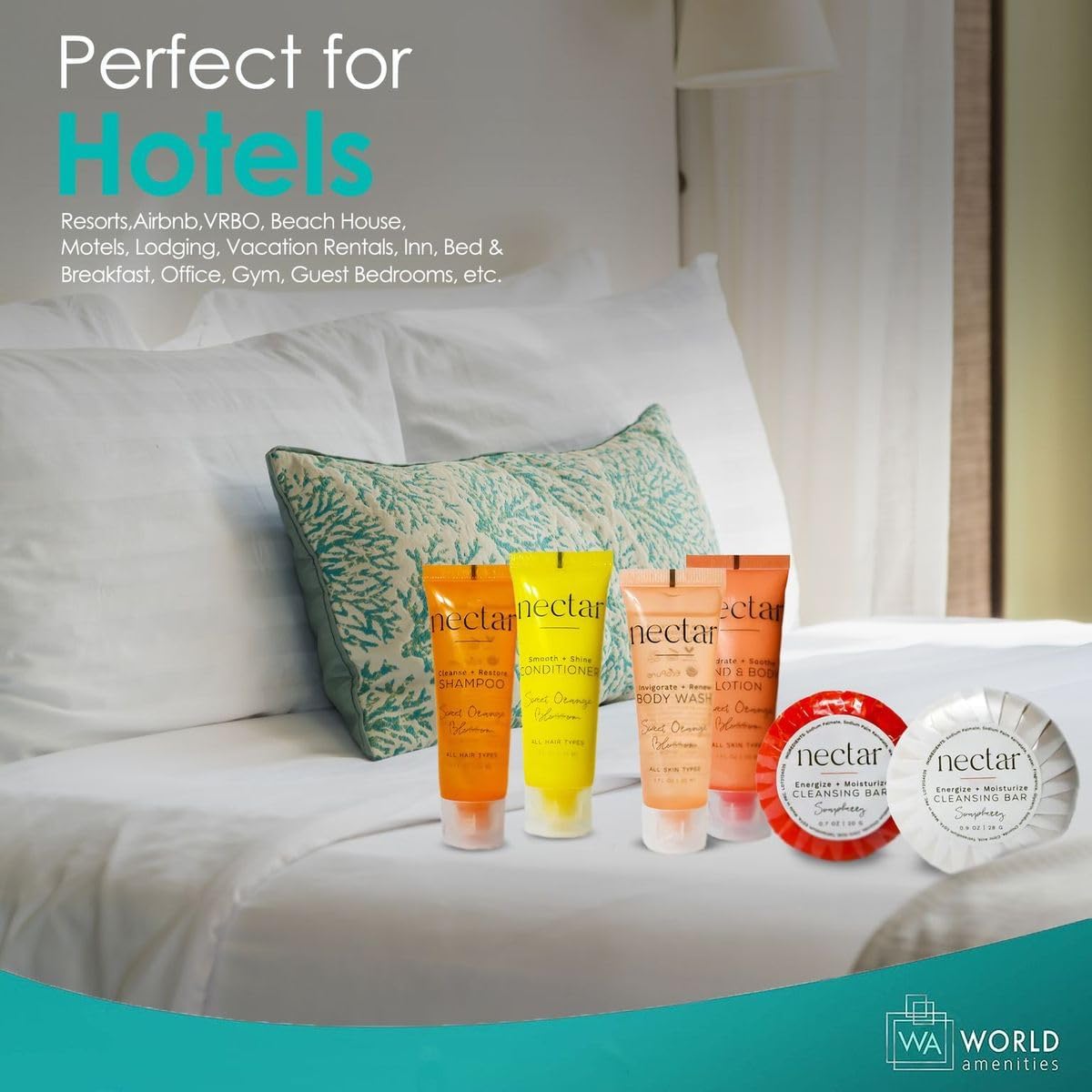 World Amenities - Nectar Mini Travel Size Toiletries Bathroom Kit | Sweet Orange Blossom| Shampoo, Conditioner, Body Wash, Lotion, Two Round Cleansing Bars and Body Bar