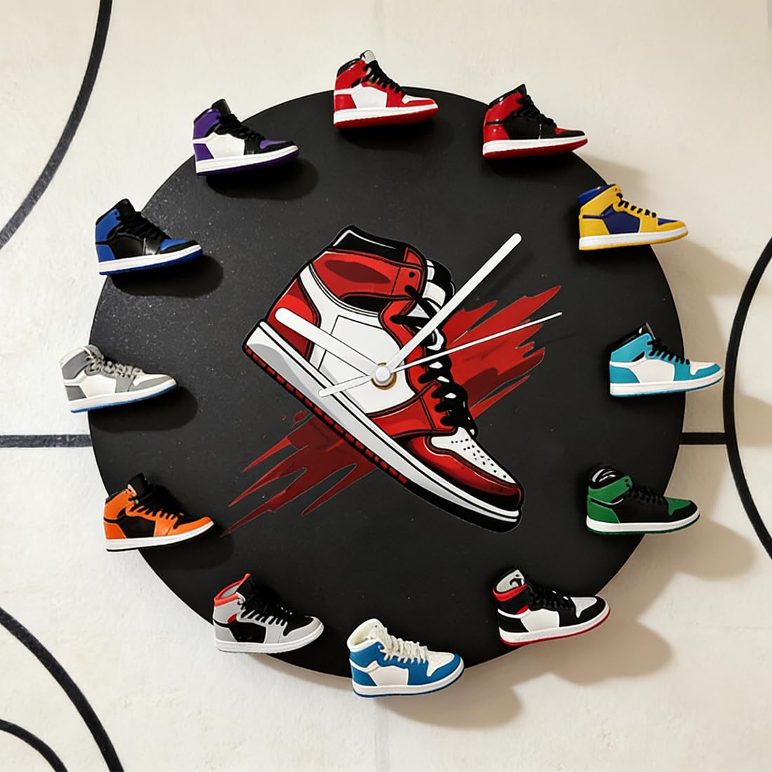 Orologio da parete decorativo con 12 mini sneakers, orologio 3D a forma di scarpe da basket, regalo per amici uomini e donne (Nero retrò)
