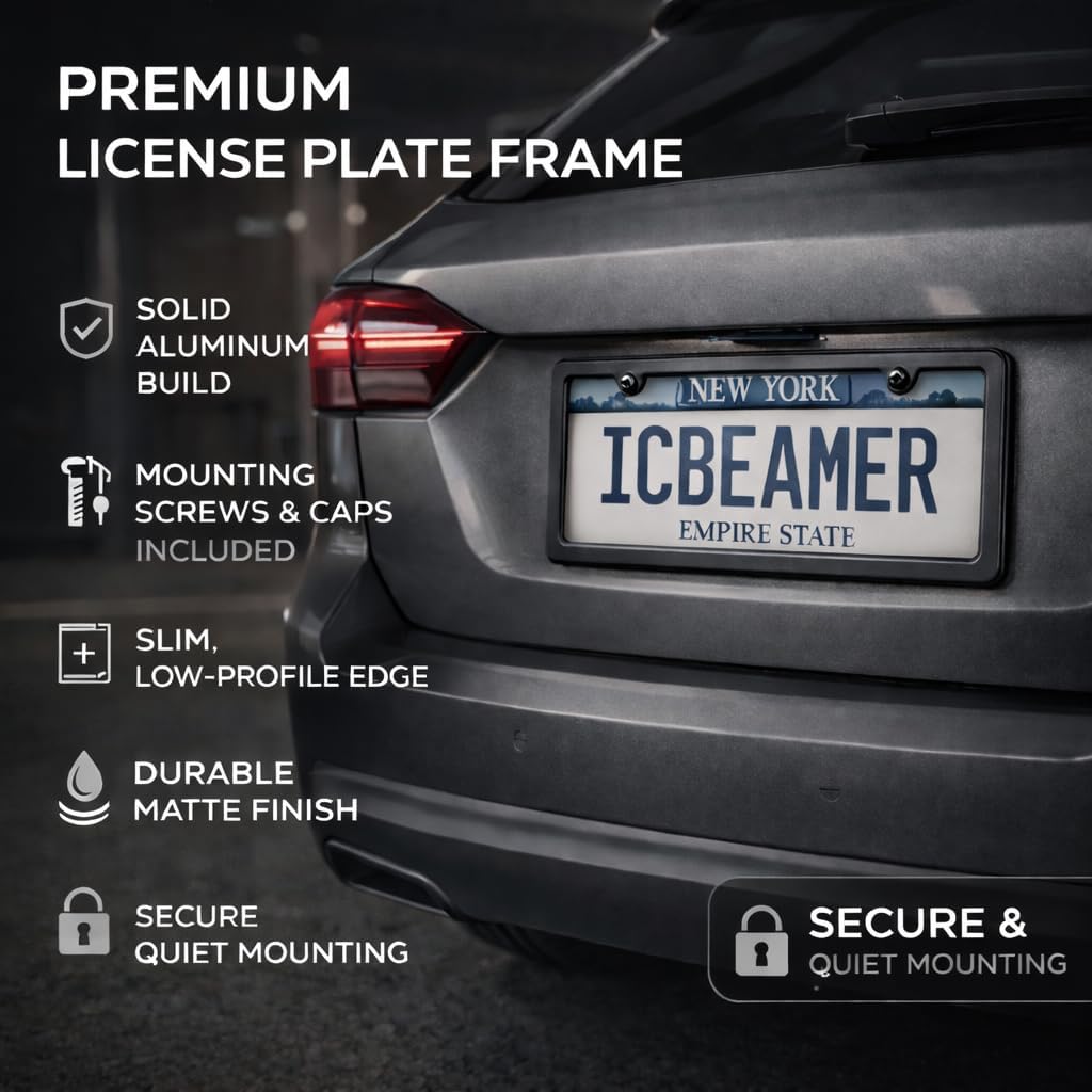 2 Pack Matte Black License Plate Frames | All-Metal Car Tag Frame Cover | Sleek Black License Plate Holder for Men | Durable Car Plate Frame | Porta Placas para Auto by ICBEAMER