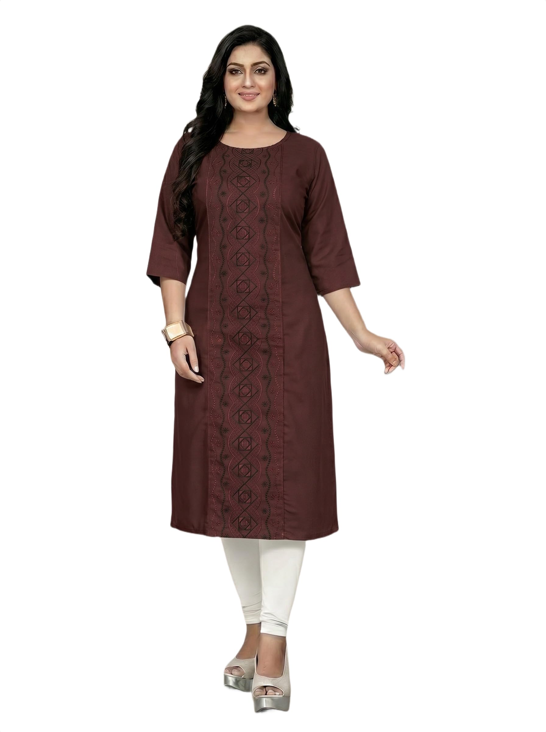 Women Cotton Blend Embroidered Kurta | A-Line Round Neck Calf Length Kurti for Women | Piping Detail Stitched Front Panel Ethnic Kurta-picture-27