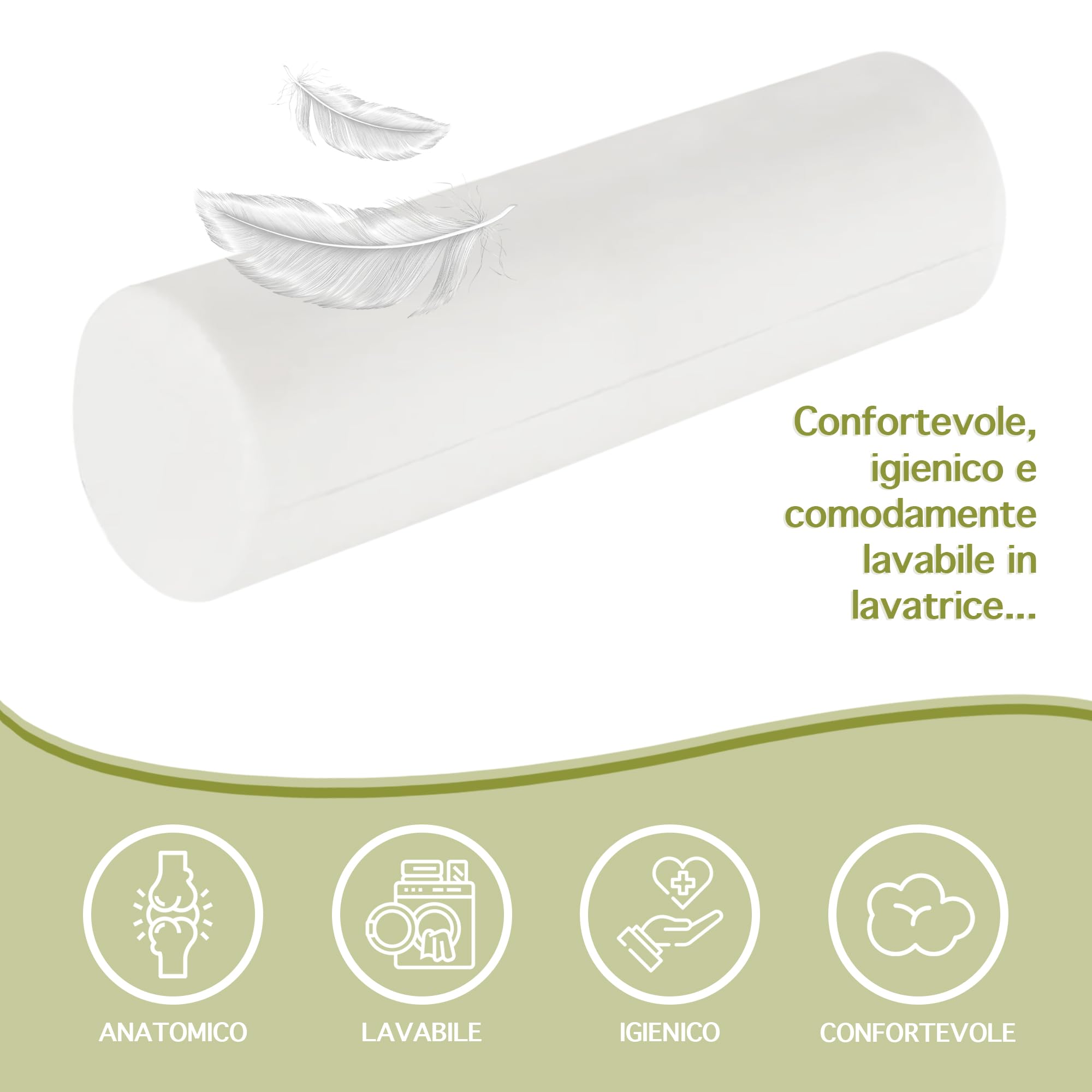 Cuscino Lungo Memory Foam Bambù Ergonomico Guanciale Cilindrico Cervicale Lombare Letto o Divano Fodera Rimovibile Lavabile Supporto Cuscini Prodotto Certificato Oeko Tex Cilindro Rotondo(Tubolare)