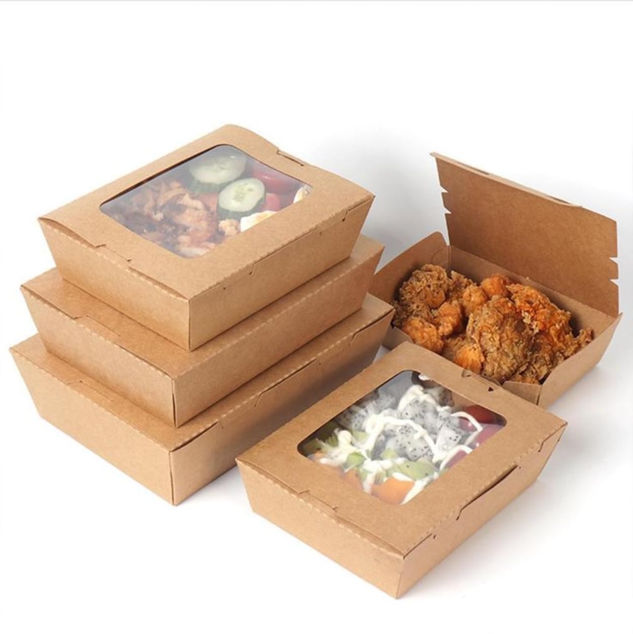 HOT BARGAINS 100 X 500ml/18oz Kraft Paper Food Containers with Single PET Window Eco Friendly Kraft Deli Food Containers Takeaway Food Boxes (100, Rectangular (500ml))