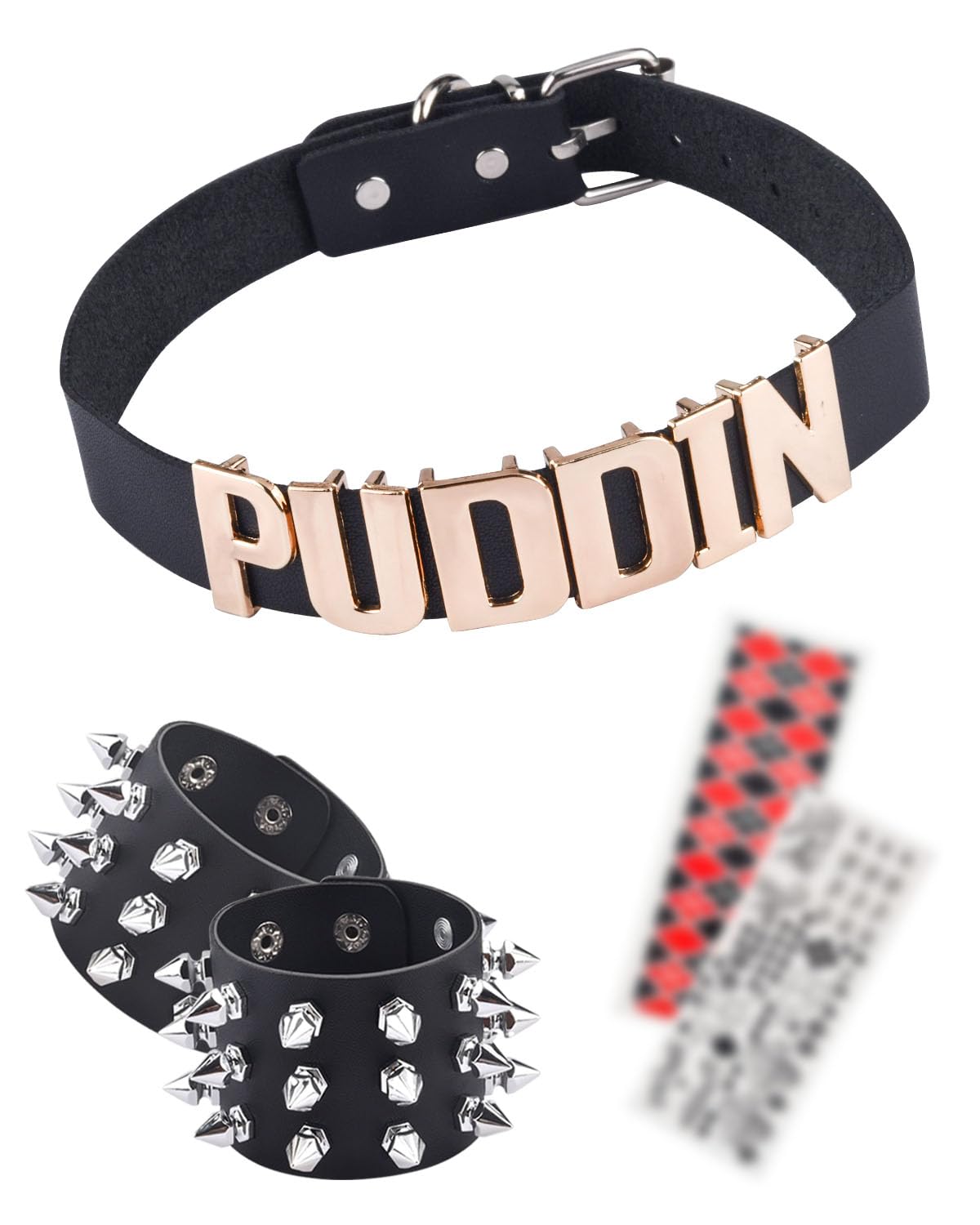 Puddin Choker Halloween Set Adjustable Punk Leather Letter Collar Necklace Tattoo Stickers Rivets Spike Bracelet Halloween Cosplay Accessories for Women Girls