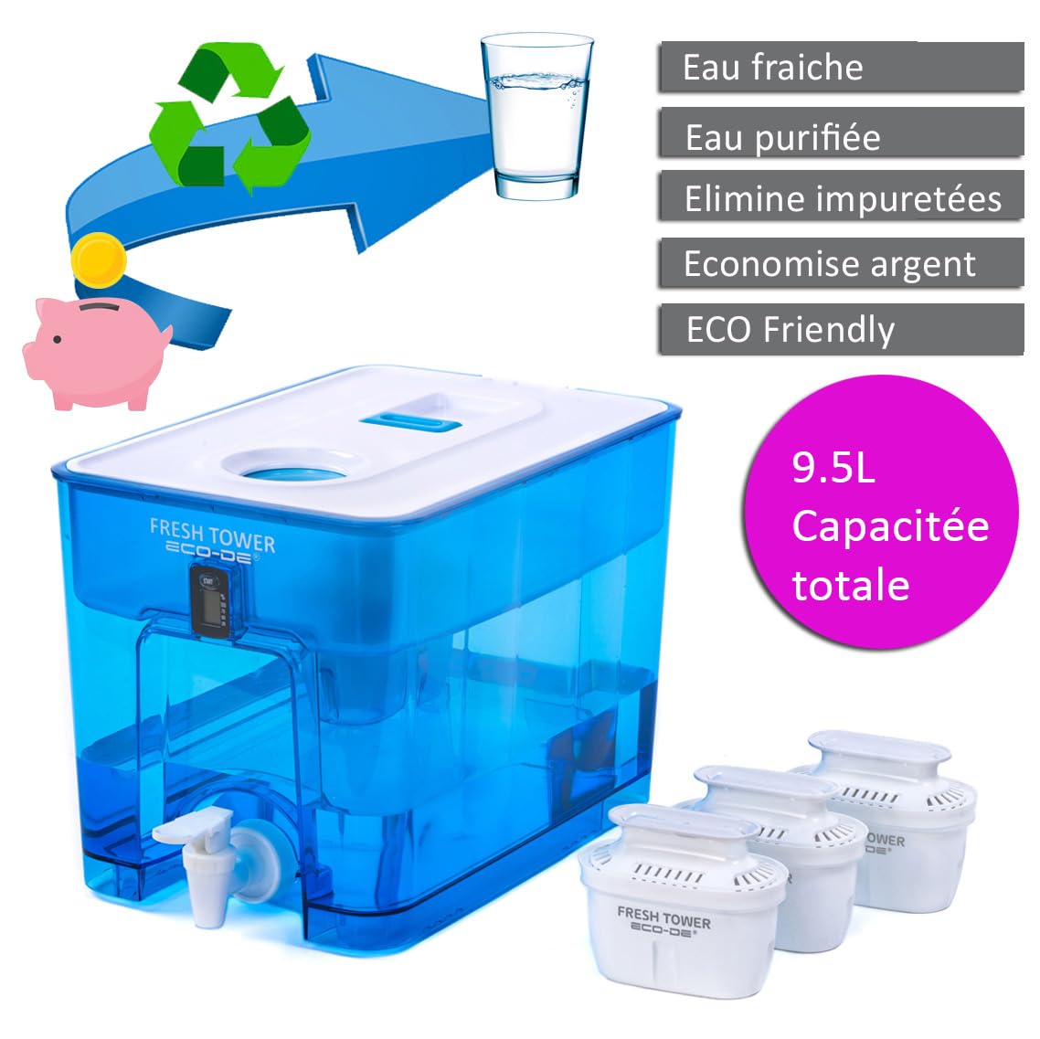 ECO-DE Distributeur d'eau filtrée Fresh Tower. Sans BPA, indicateur numérique, pour réfrigérateur, avec filtre compatible