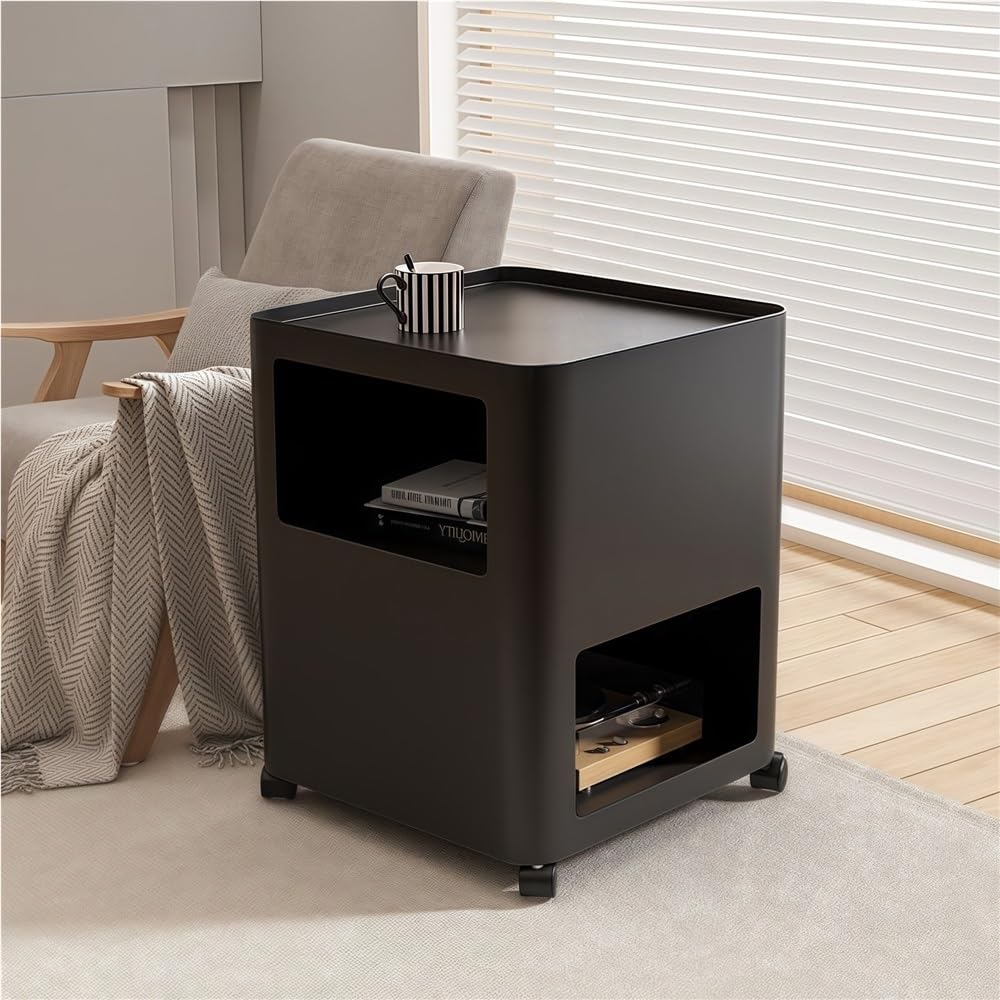 SXZenSpace Bedroom Furniture Nightstand with Wheels, 3-Tier Metal Side Table, Rolling Bedside Table/Coffee Table for Bedroom, Living Room, or Sofa Side(Black,Large)