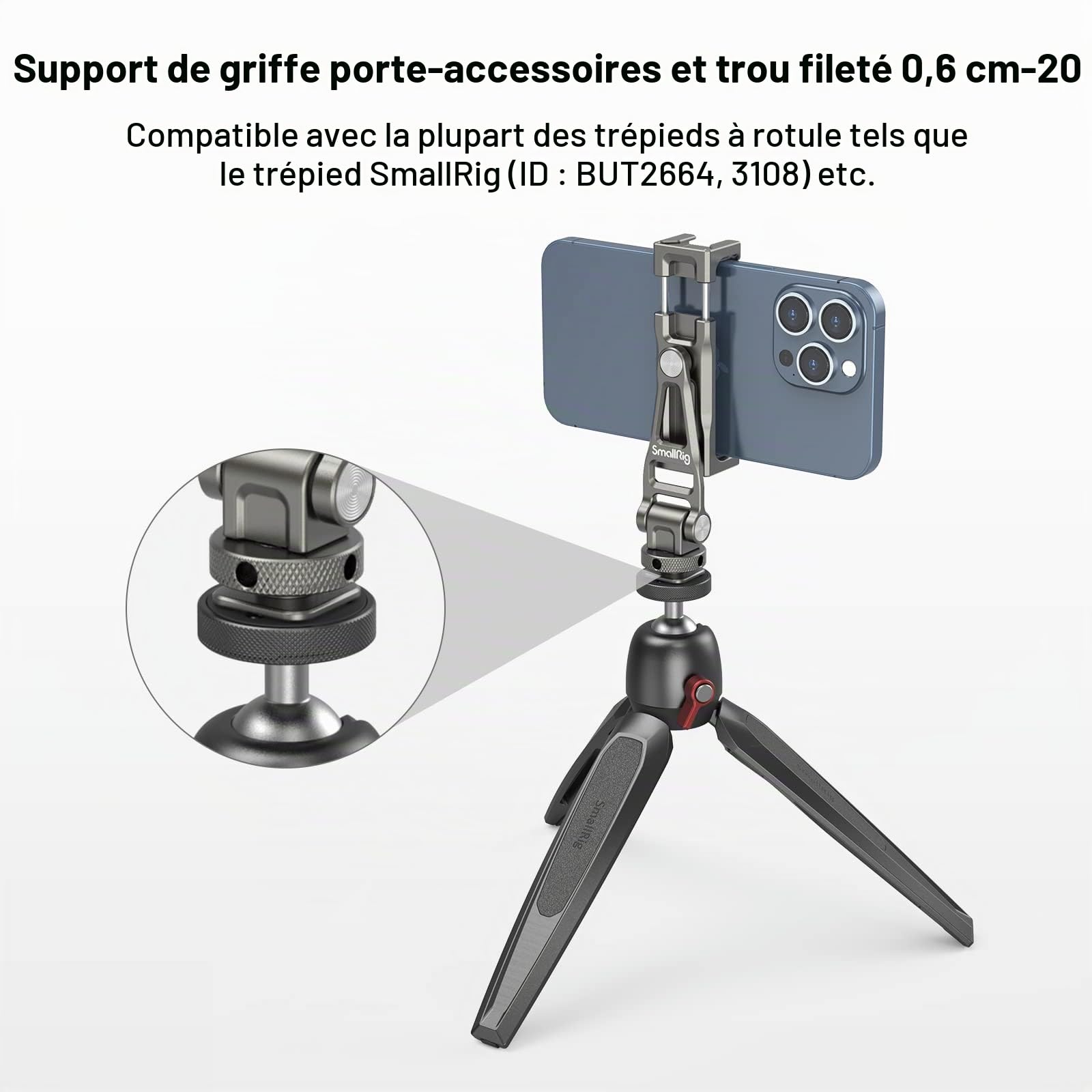 SMALLRIG Support de Téléphone Universel en Métal avec Cold Shoe et Trou Fileté 1/4"-20, Support de Caméra pour Téléphone Portable avec Rotation à 360° - 3559