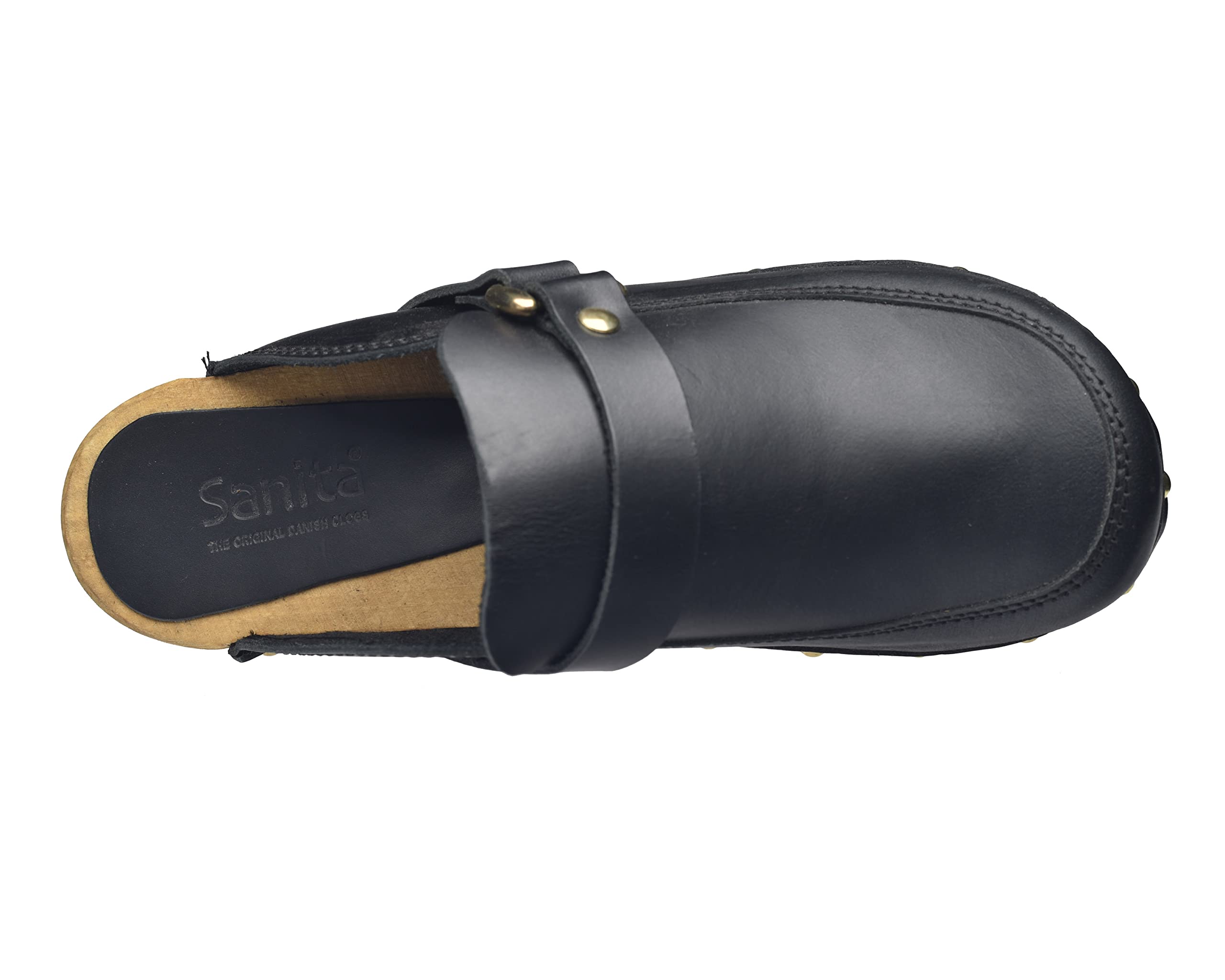 Sanita Lillen offener Clog | Original handgemacht | Leder-Holzclogs für Damen | Nachhaltige Sohle | Schwarz | 42 EU