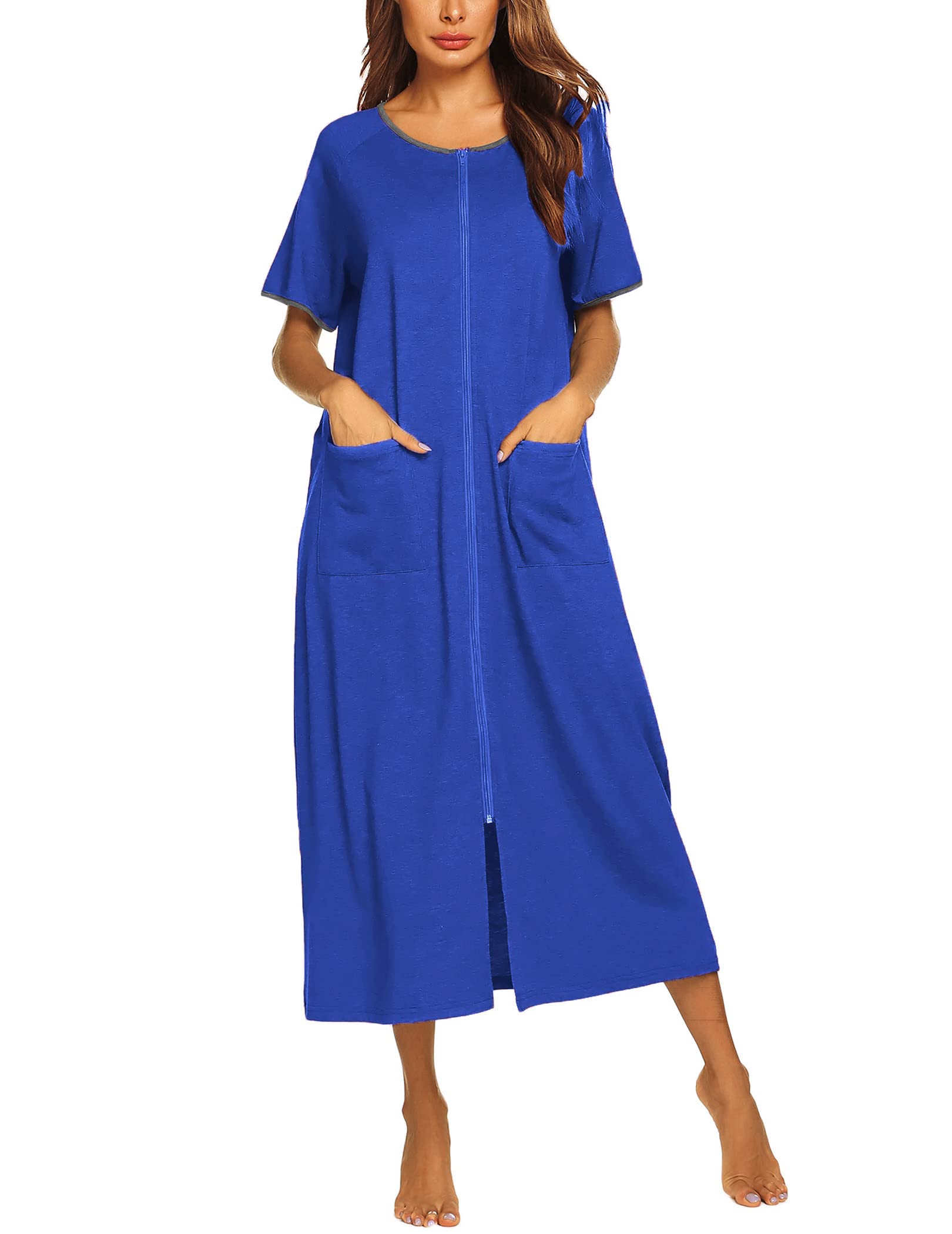 Ekouaer Women Robes Zipper Front Short Sleeve Full Length Housecoat with Pockets Loungewear S-4XL