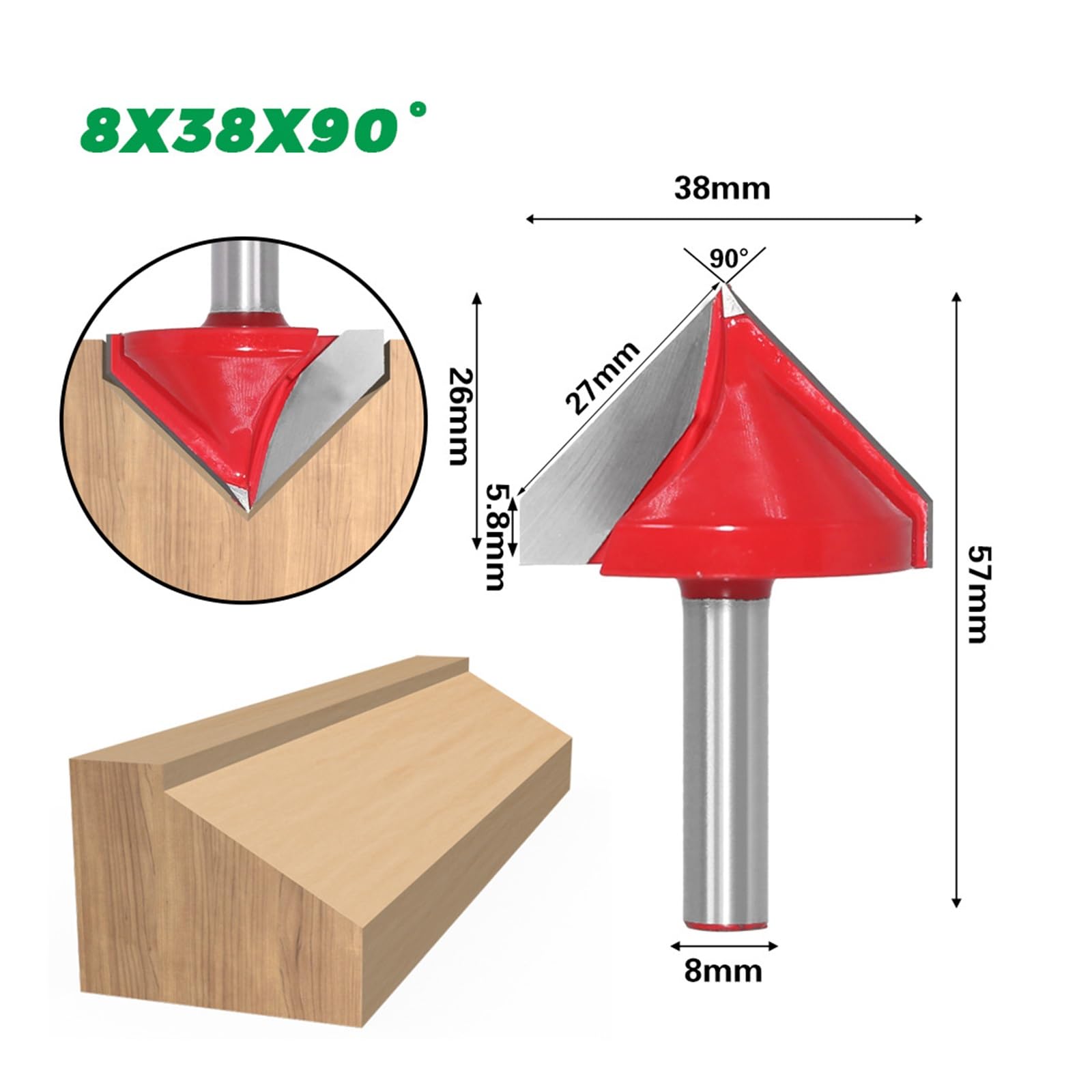 1 Stück 8 mm Schaft V-Form Nut Fräser CNC Vollhartmetall Schaftfräser 60 90 120 150 Grad Holzbearbeitung Fräser Gravur Bits (Size : 8X38XR90)