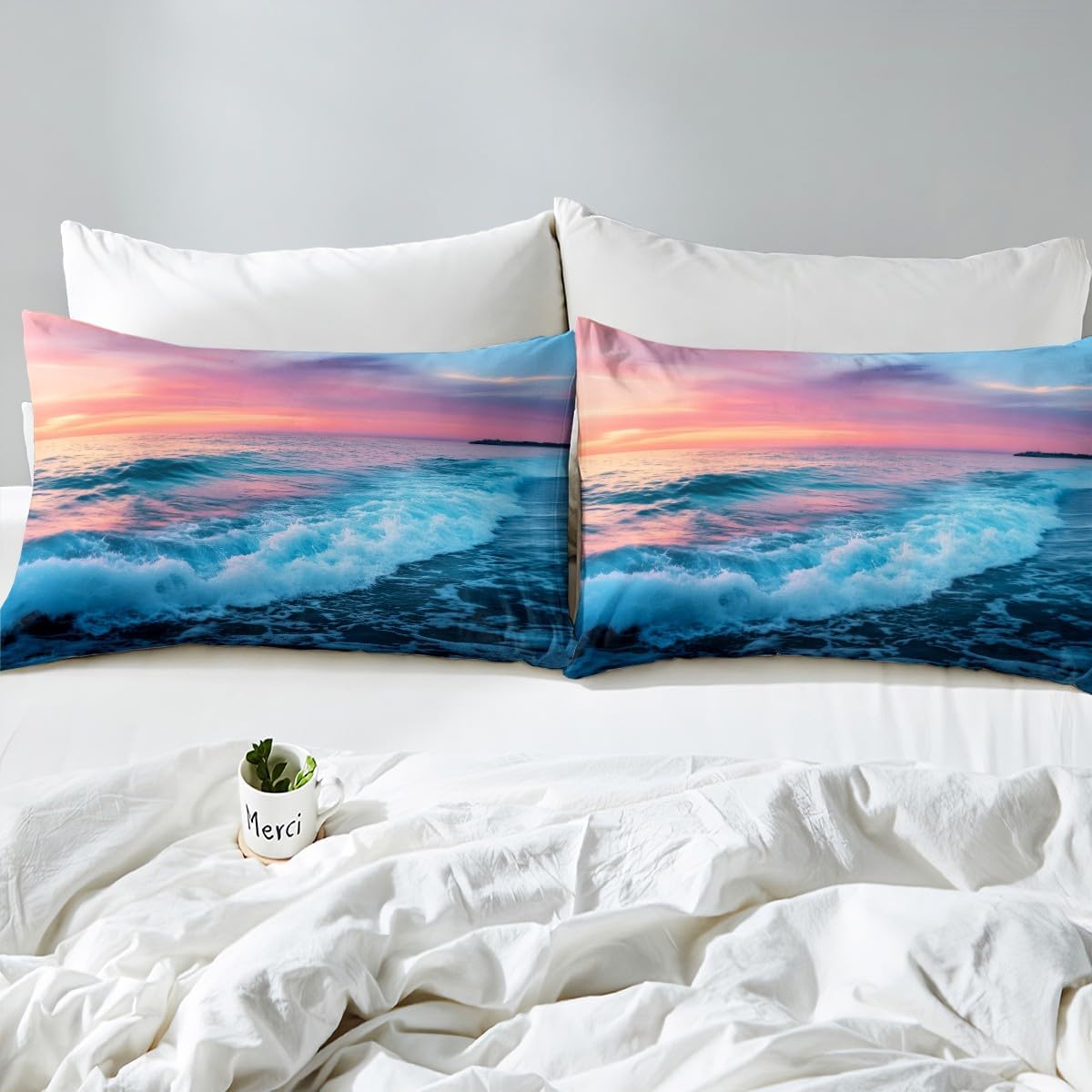 Feelyou Beach Theme Duvet Cover Queen Size Hawaiian Beach Ocean Bedding Set Kids Boys Girls Sea Nature Pattern Printed Comforter Cover Set Summer Holiday Vacation Bedspread Cover（No Comforter