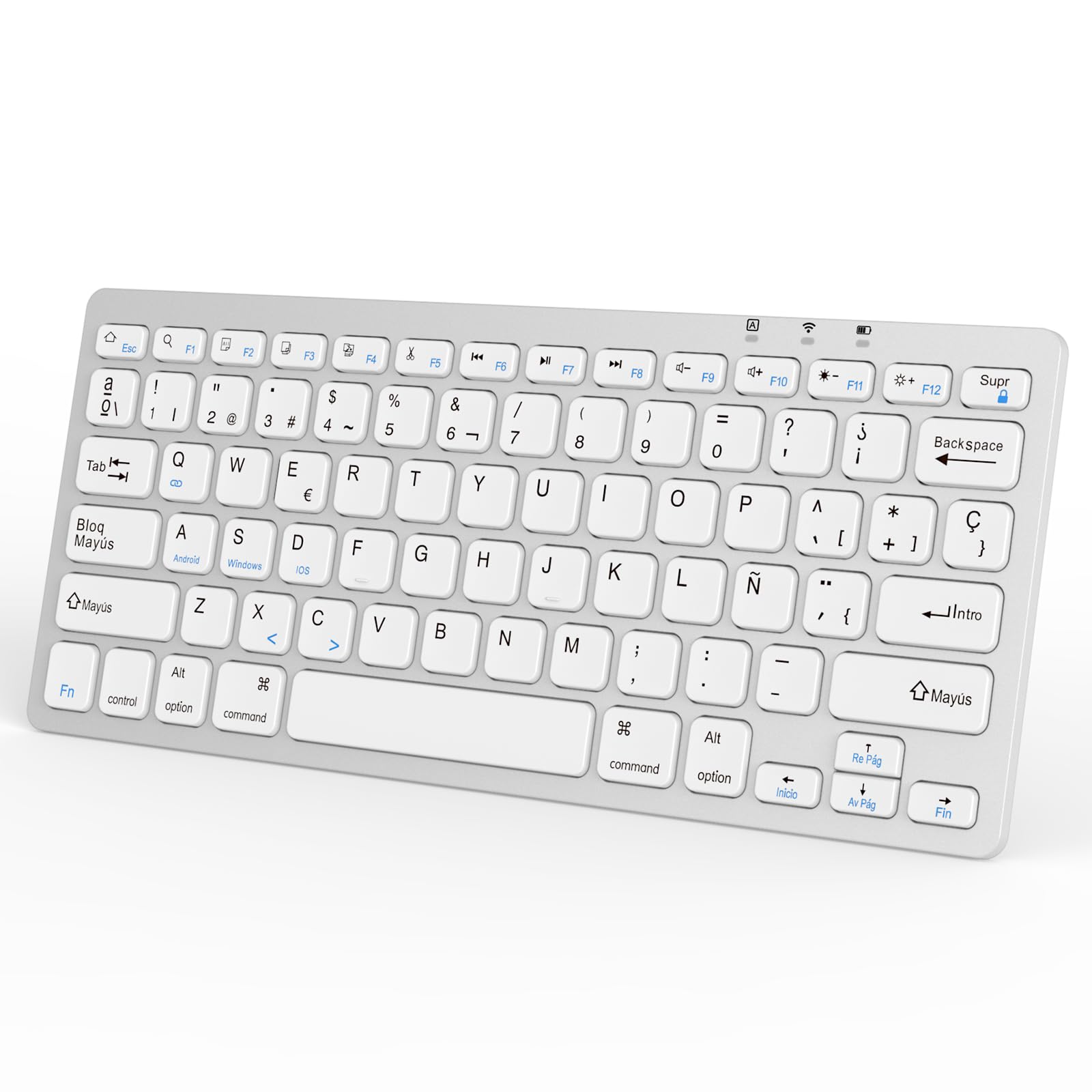 Teclado Bluetooth Español, Light Teclado Inalámbrico Portátil para iPhone de iOS, iPad, Samsung, Lenovo, Huawei, Android, Windows, Compatible, Estilizado y Portátil, Easy-Switch, Blanco Plateado Global Recycled Standard Global Recycled Standard Global Recycled Standard