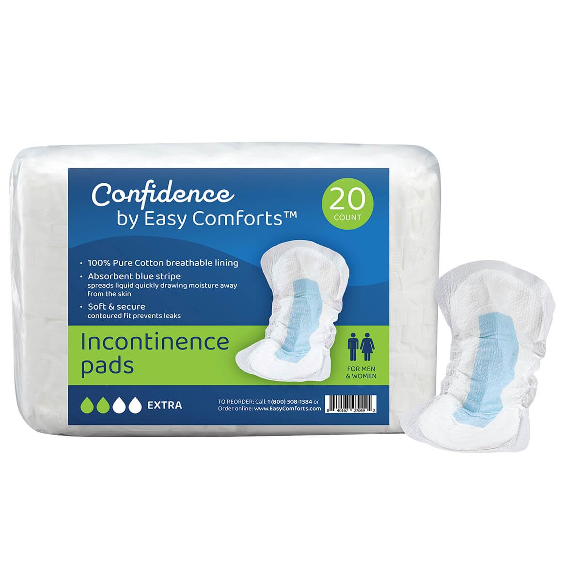 Confidence by Easy Comforts Adult Incontinence Pads Extra Heavy Absorbency, Postpartum Incontinence & Bladder Leak Liners, Leak-Free Protection, 20 Count, Pkg