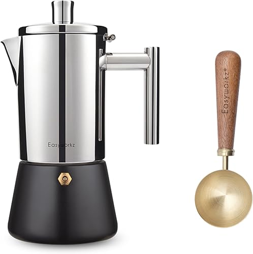 Miniatura 1 de Easyworkz Diego - Cafetera de café expreso de acero inoxidable de 6 tazas de 10 onzas, cuchara de café retro de acero inoxidable con mango de nogal