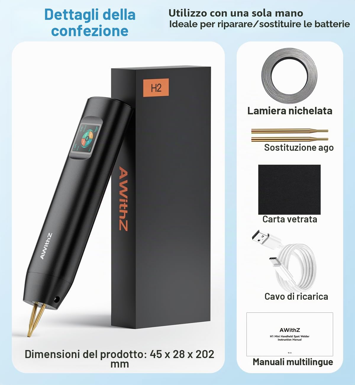 Saldatrice a punti per batterie, AWithZ 2 in 1 Saldatrice a Punti H2 con aghi di ricambio,LCD, 99 Livelli regolabili per riparare piccoli progetti, realizzare pacchi batteria (H2PRO)