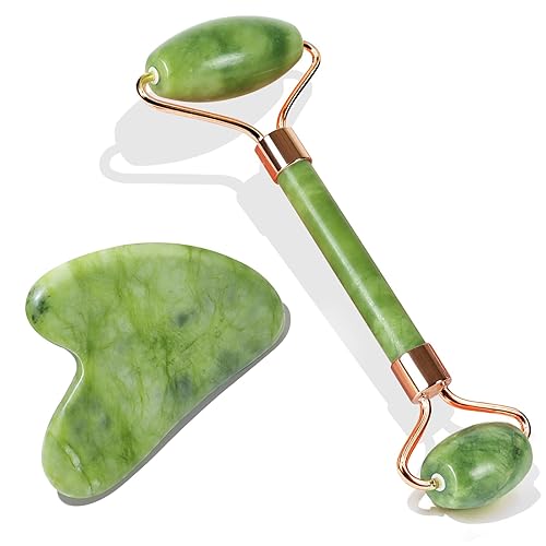 BAIMEI Jade Roller & Gua Sha, Face Roller, Facial Beauty Roller Skin Care Tools, Self Care Gift for Men Women, Massager for Face, Eyes, Neck, Relieve Fine Lines and Wrinkles - Green - Jade Green