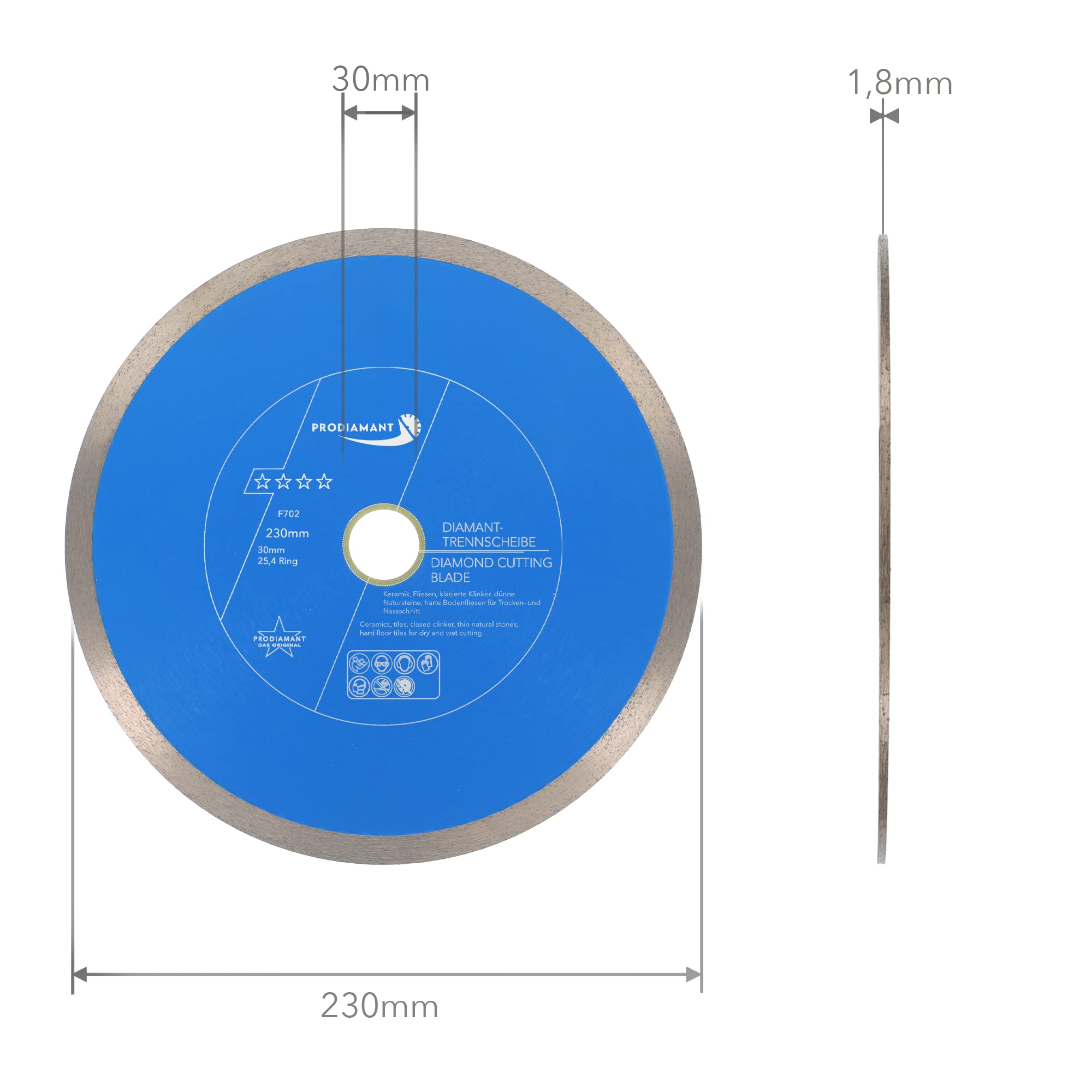 PRODIAMANT Disco da taglio diamantato Tile Professional 230 mm x 30/25,4 mm F702 ProRim no break out su piastrelle smaltate gres porcellanato ceramica e pietra naturale