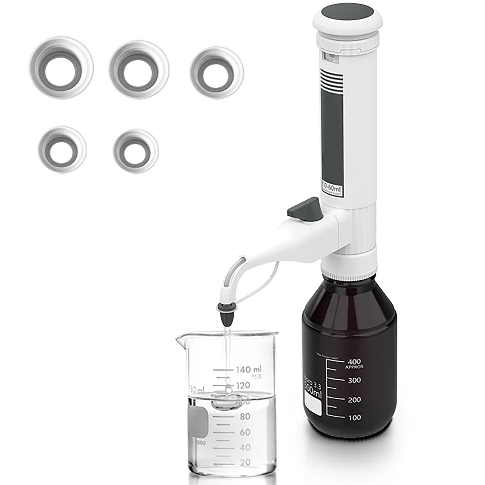 Dosatore per Bottiglie da Laboratorio, Dosatore per Liquidi, Dosatore per Liquidi Regolabile da 0,5 A 60 ml, con Doppia Valvola, Display di Misurazione, Attrezzatura da Laboratorio,2-10ml