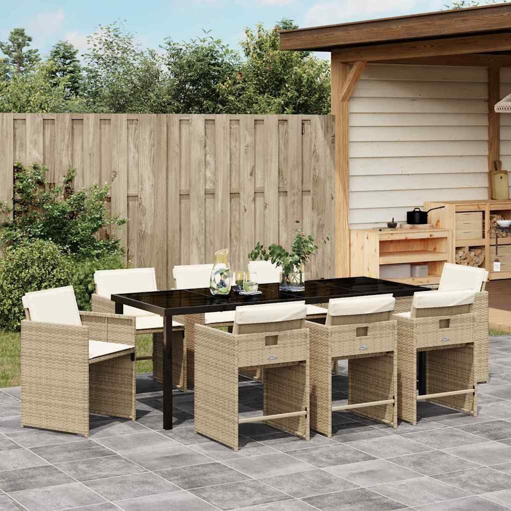 Salon de jardin 9 pièces en polyrotin beige avec coussins, cadre en acier revêtu par pulvérisation, plateau en verre trempé, meubles de salon d'extérieur résistant aux intempéries pour