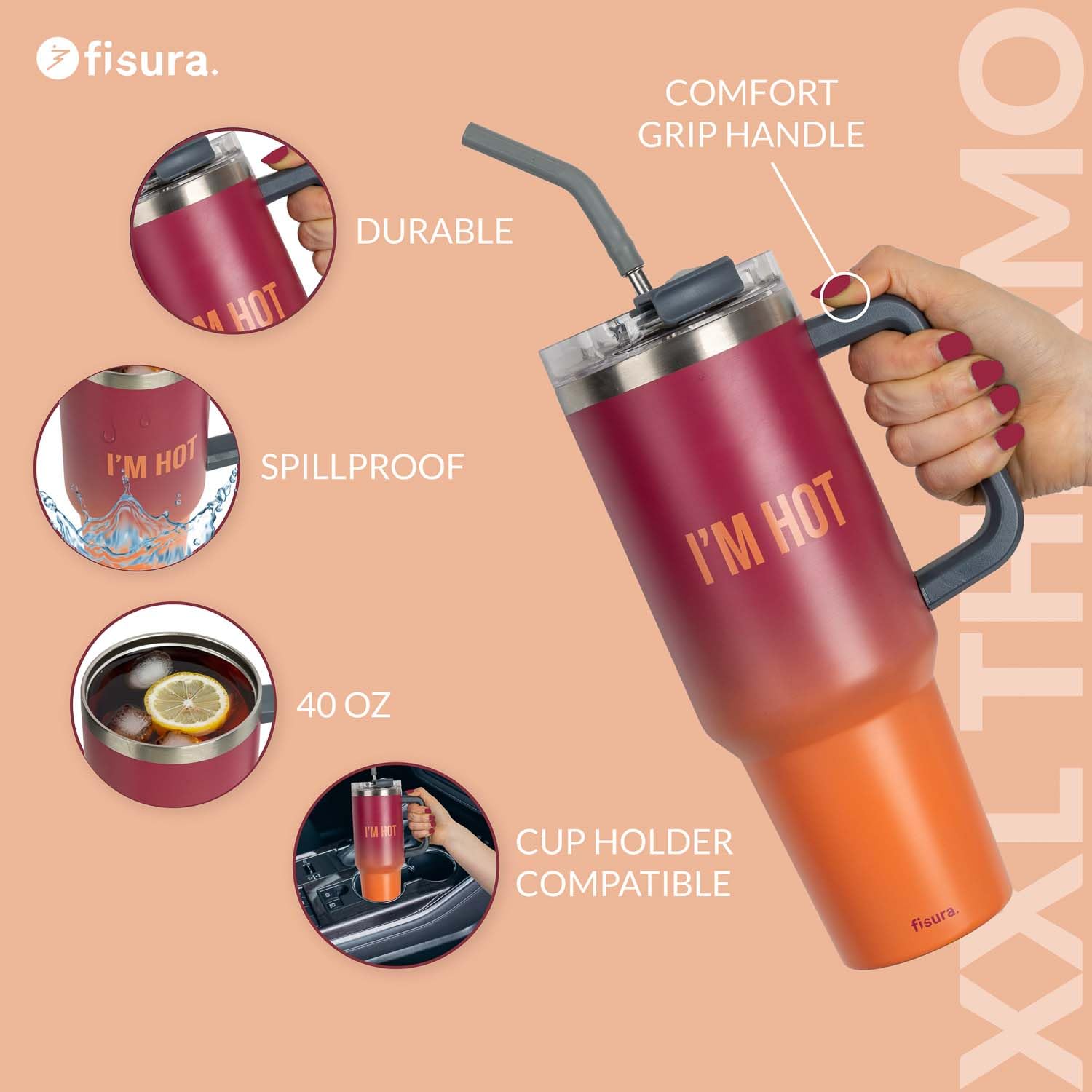 Fisura Insulated Water Bottle 1.2 Litre Large Insulated Bottle Stainless Steel Bottle BPA Free 24 Hours Cold / 12 Hours Hot with Straw Included 10 cm x 27.7 cm (Hot - Image 2