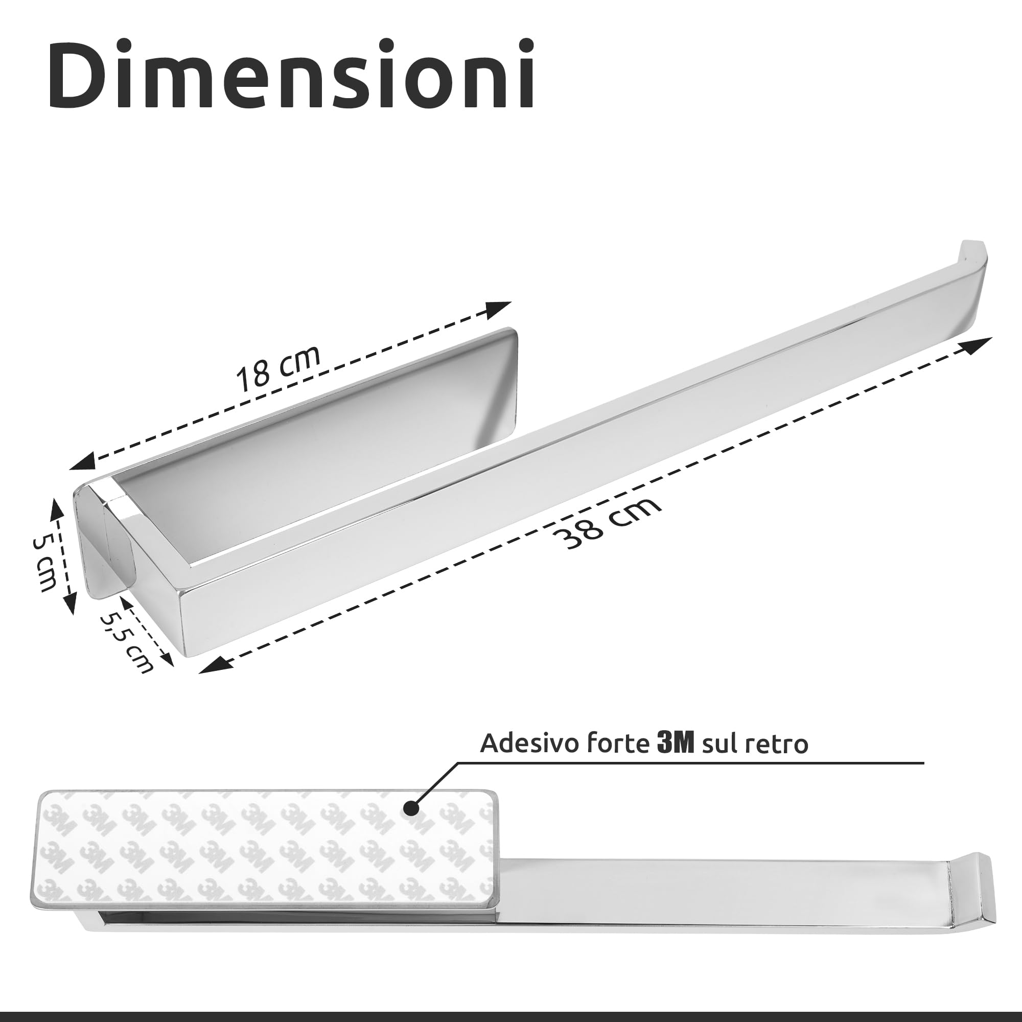 ECENCE Porta Asciugamani Bagno Adesivo 3M cromo senza Foratura 38cm - Portasciugamani Moderna in Acciaio Inox 304, Antiruggine per Bidet, Cucina e WC Ospiti