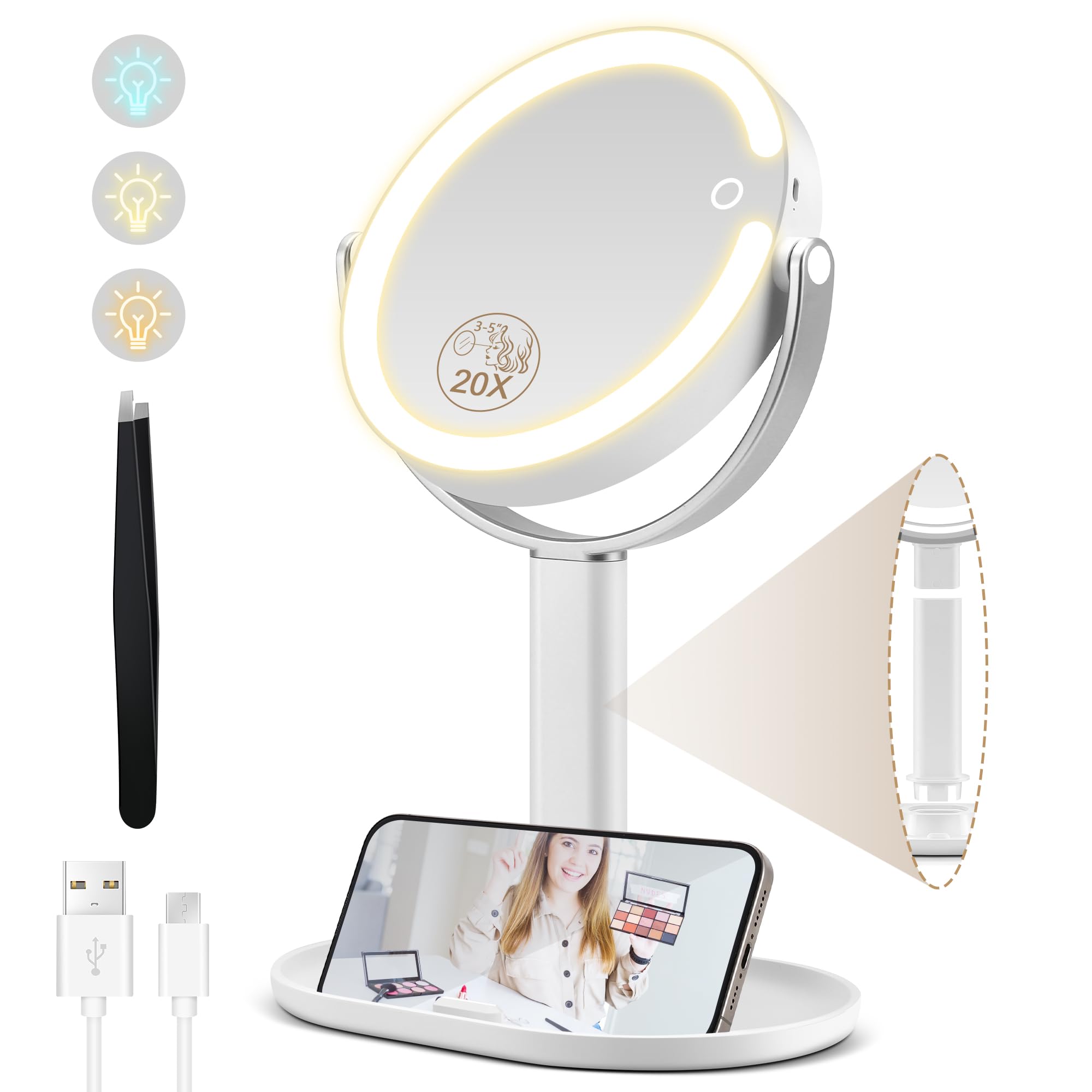 MOMOKUBA Makeup Mirror with Lights, 20X Magnifying Mirrors, Height Adjustable, Vanity Mirror with Lights Rechargeable 3 Color Modes, Double-Sided Detachable Travel Mirrors, Gift for Women (Sliver)