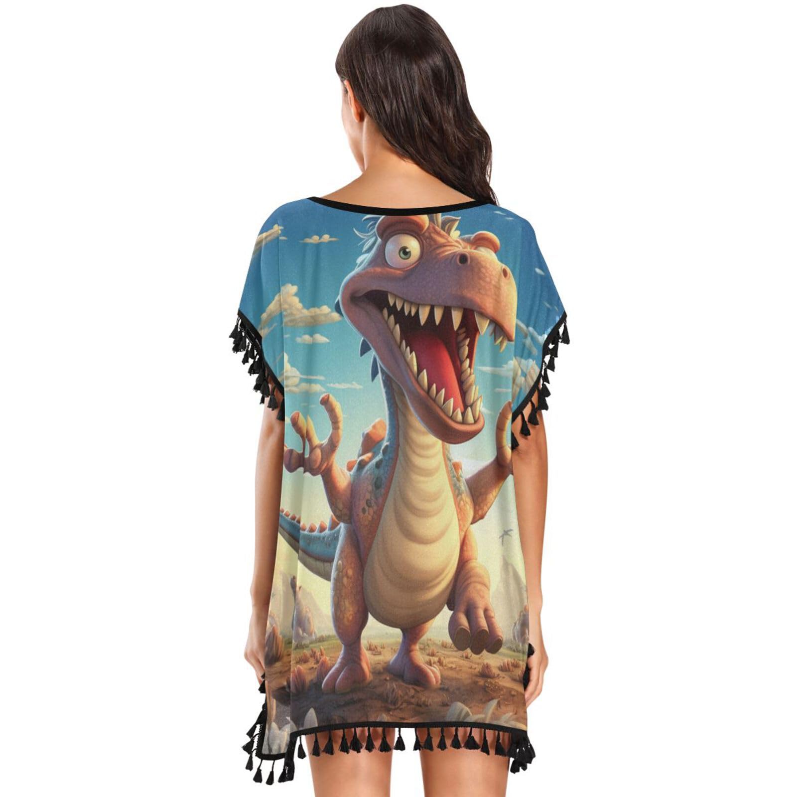 KAAVIYO Cartoon Cute Dinosaur Women's Beach Cover Up Chiffon Tassel Swimwear Swimsuit Coverups for Girl