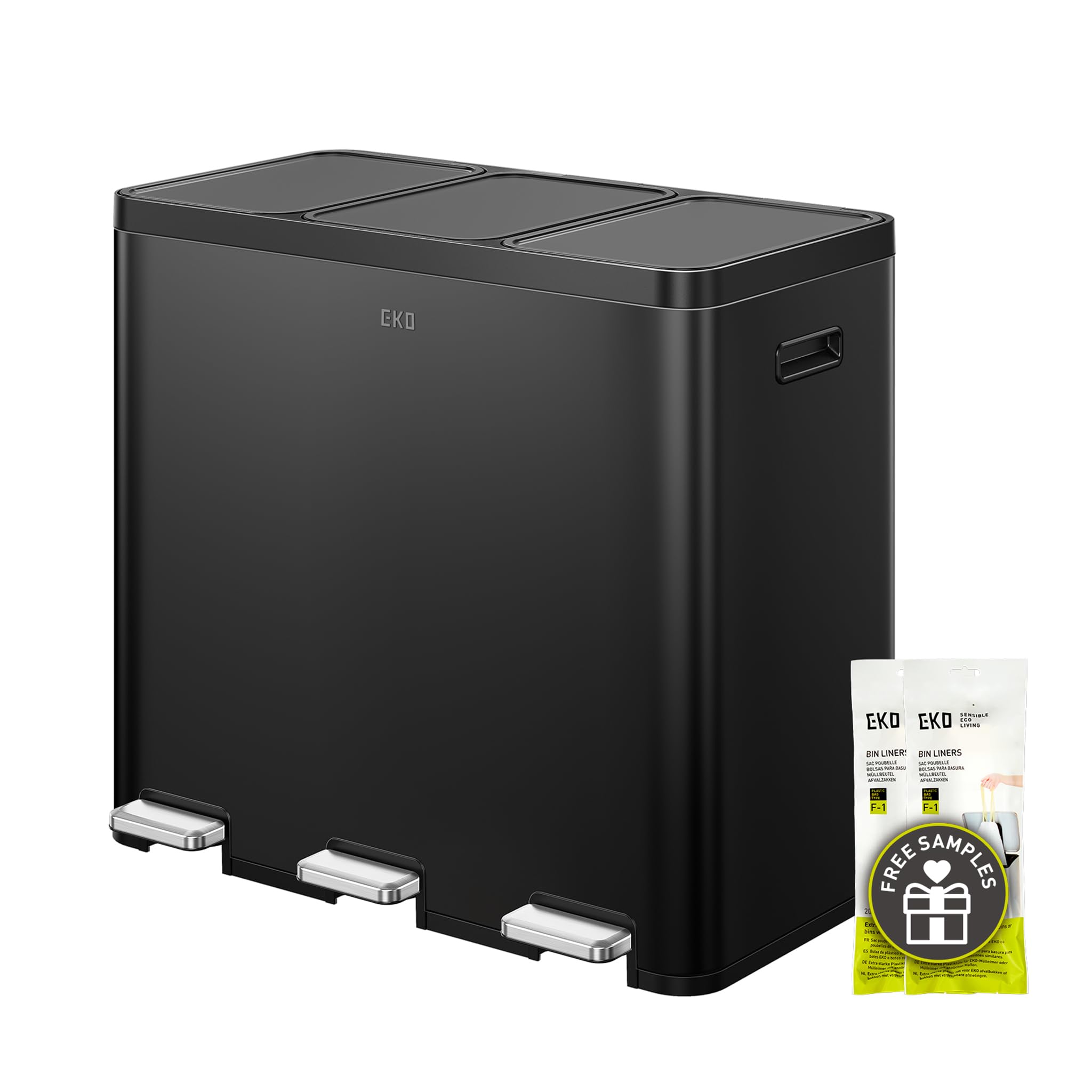 EKO Essential Mülleimer 3 Fächer, 3 x 20 Liter, Mülltrennsystem Küchentretmülleimer, inklusive 20 Müllsäcke, Großraum Abfalleimer mit Deckel, sanftem Schließen und luftdicht, Mattschwarz Edelstahl