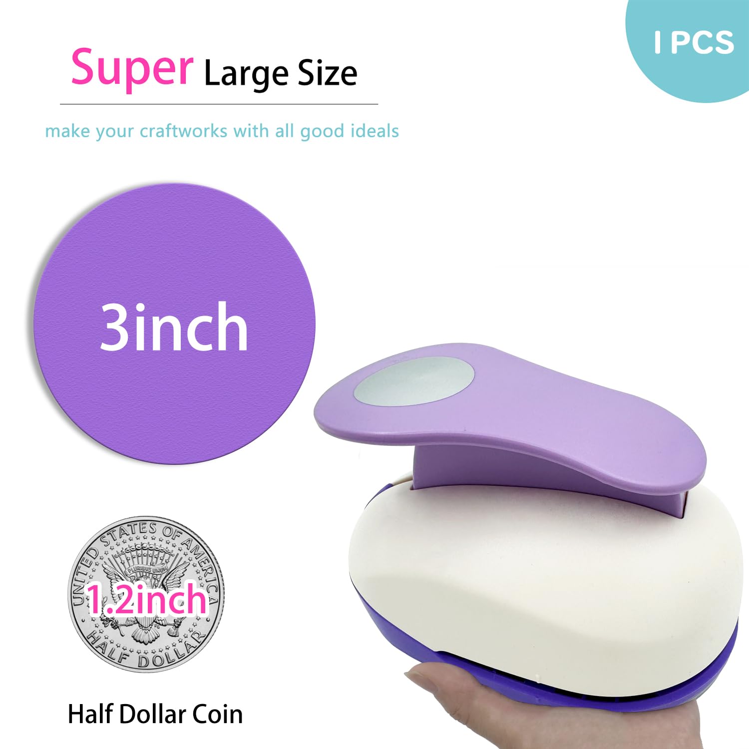 Perforadora circular de 3 pulgadas, perforadora de papel redonda grande de 75 mm para cartulina, envoltura de regalos, tarjetas de felicitación y álbumes de recortes (morado y blanco)