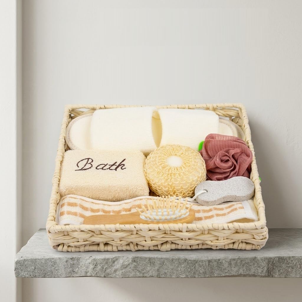 8 in 1 Square Bath Spa Set Kit for Women Luxury Home Grooming Gift Hamper Box Items Combo Pack Includes Soft Terry Cloth Cushion Open Toe Slippers Elegant Handwoven Reusable Willow Storage Tray Basket-image-10