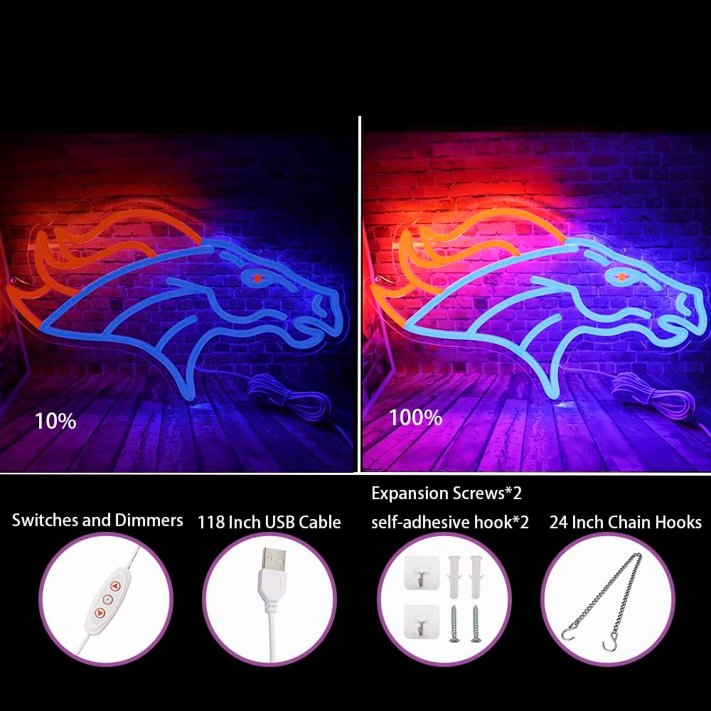 Rugby Football Sports Team Neon Sign Suitable for Broncos Logo for Wall Decor USB Powered Dimmable Led Light Up Signs for Bedroom Men Cave Home Bar Decor Birthday Xmas Gifts for Fans Kids - Image 2
