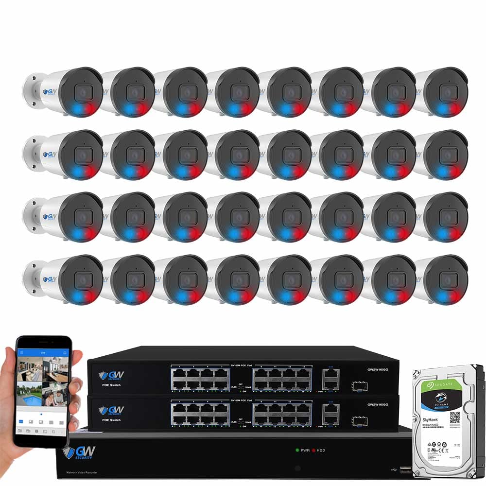 GW Security 32 Channel 8MP Full-Time Color Night Vision Commercial NVR Security Camera System with (32) 4K 2-Way Audio PoE Outdoor Camera, Blue&Red