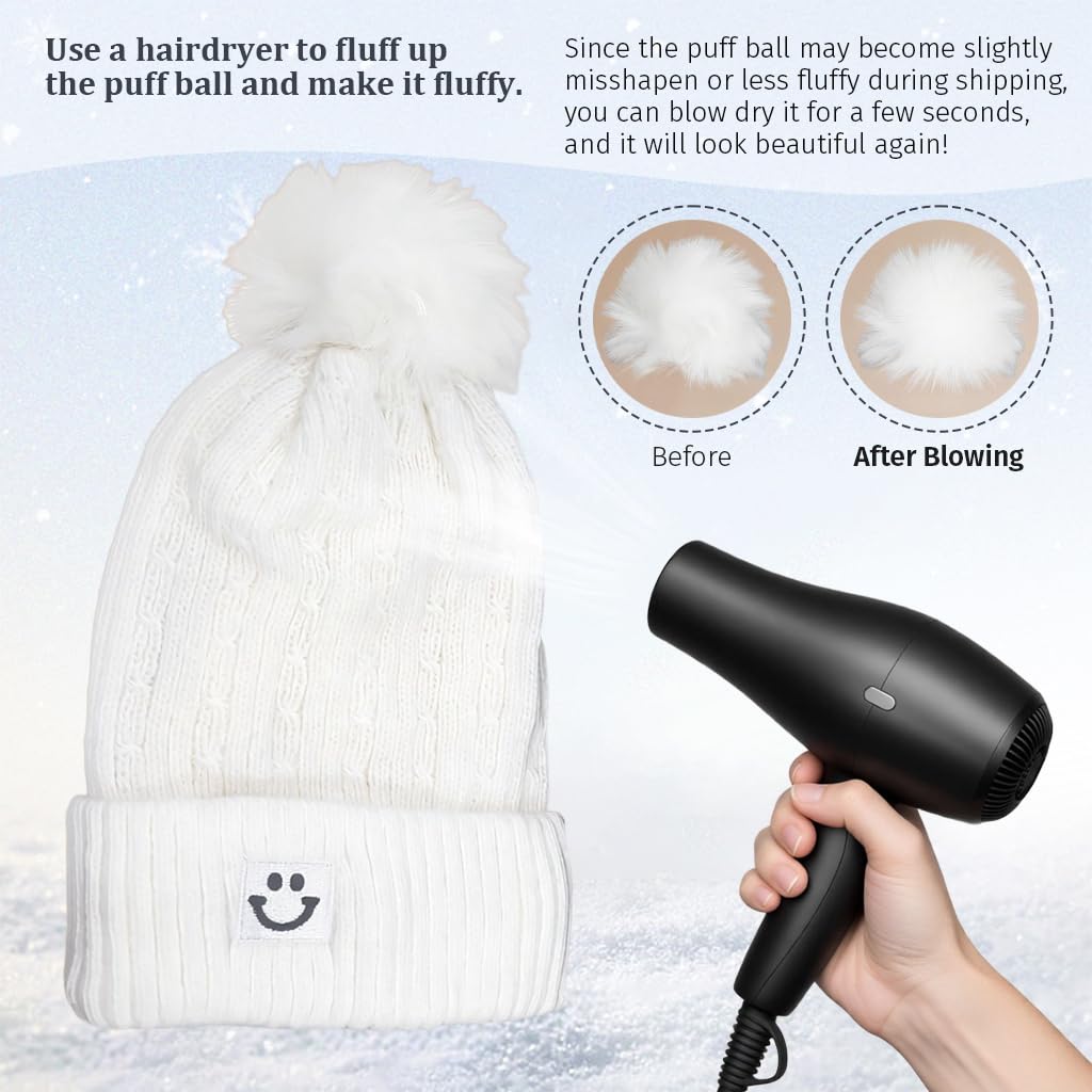 Zibuyu Winter Cap for Women, Wool Yarn Beanie, Pom Detail, White 1